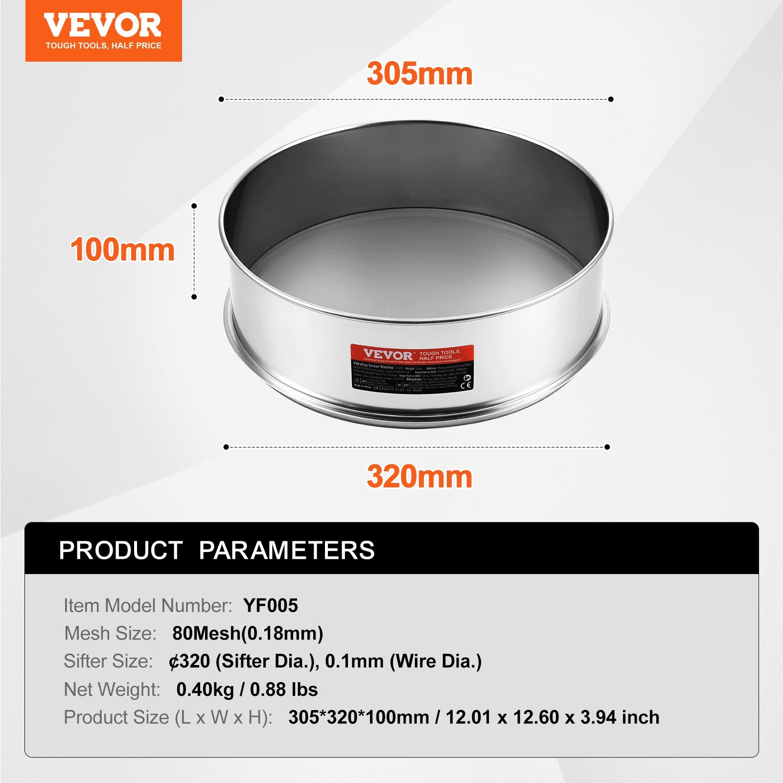 VEVOR Flour Sieve Fine Mesh, 80 Mesh Flour Sifter, 304 Stainless Steel Fine Mesh Sifter Food-grade, Dia. 12.6" Fine Mesh Strainers for Baking, 5 Sizes Mesh hole for Mungbean, Rice, Flour, Pearl Powder