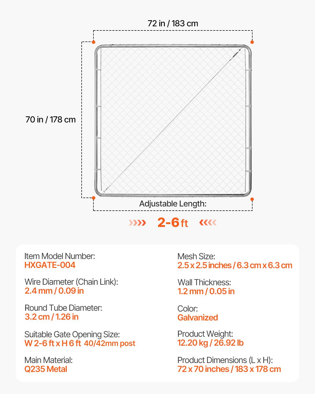VEVOR Chain Link Fence Gate, 70 x 72 in, Adjustable Chain Link Fence Panel, Fit 3 ft W x 4 ft H Garden Fence Gate Opening, Rust-Resistant Galvanized Fencing Gate for Farm Posts Not Included