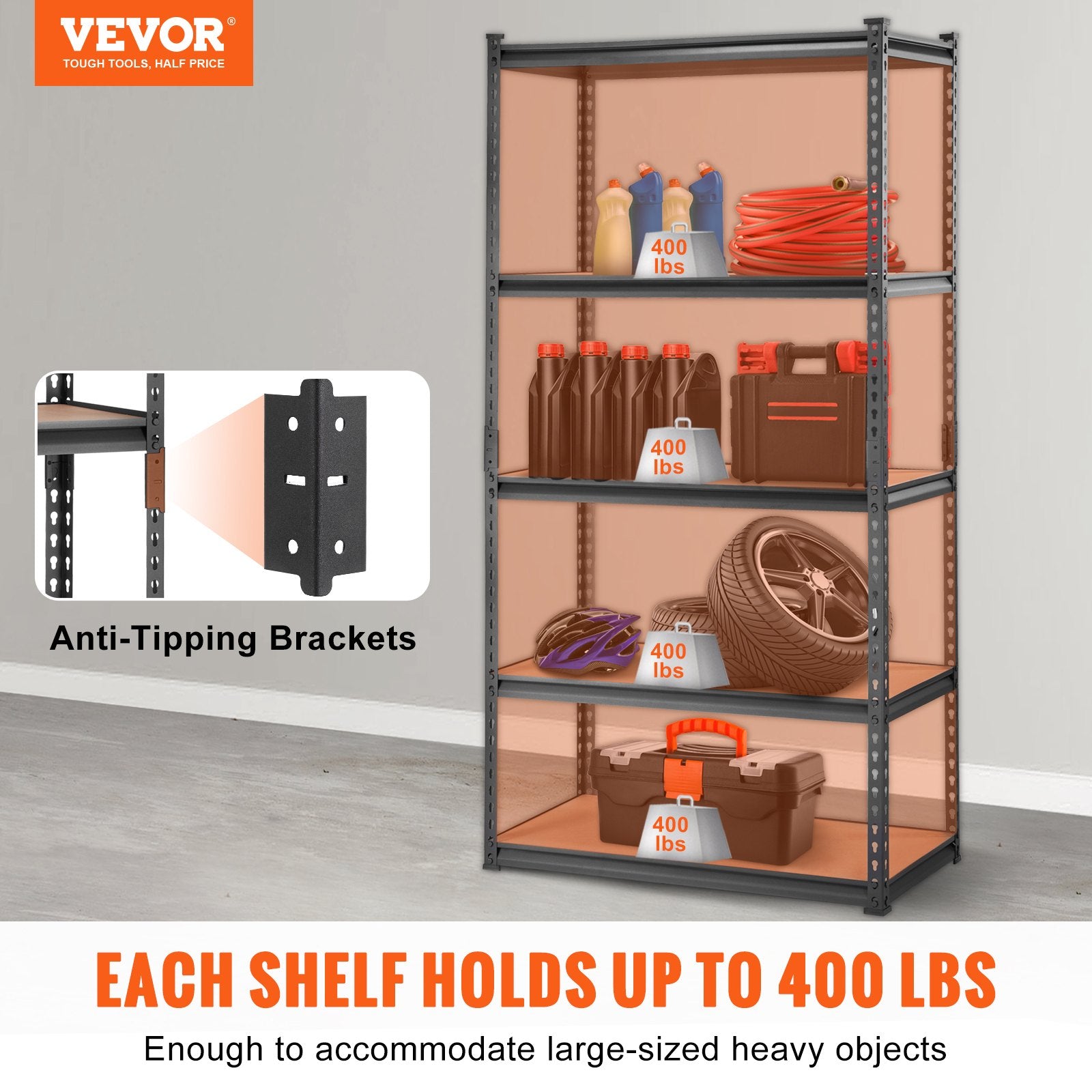VEVOR Storage Shelving Unit, 5-Tier Adjustable, 907 kg Capacity, Heavy Duty Garage Shelves Metal Organizer Utility Rack, Black, 90L x 45W x 183H cm for Kitchen Pantry Basement Bathroom Laundry Closet
