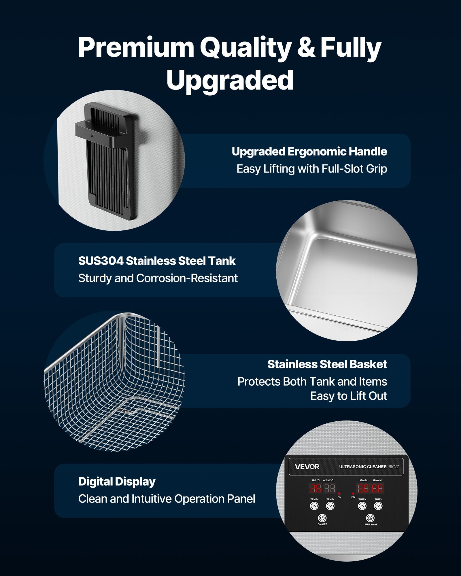 VEVOR 30L Ultrasonic Cleaner, Professional Ultrasonic Cleaner Machine with Cleaning Basket & Digital Display, 480W Stainless Steel 40kHz Industrial Cleaning Machine for Parts, Carburetors, Instruments