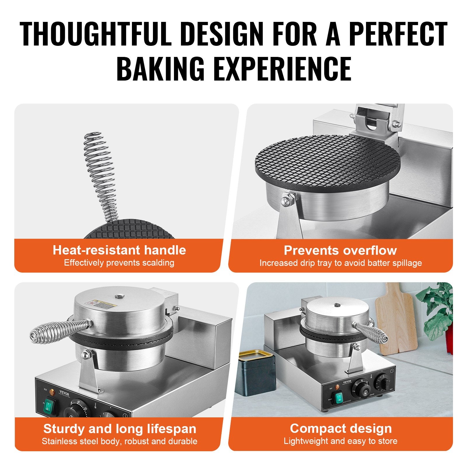 VEVOR Electric Ice Cream Cone Maker, Commercial 1230W Waffle Cone Machine, Non-Stick Stainless Steel Egg Roll Mold, with Temperature and Time Control, Handle, for Restaurant Bakery Snack Bar Family