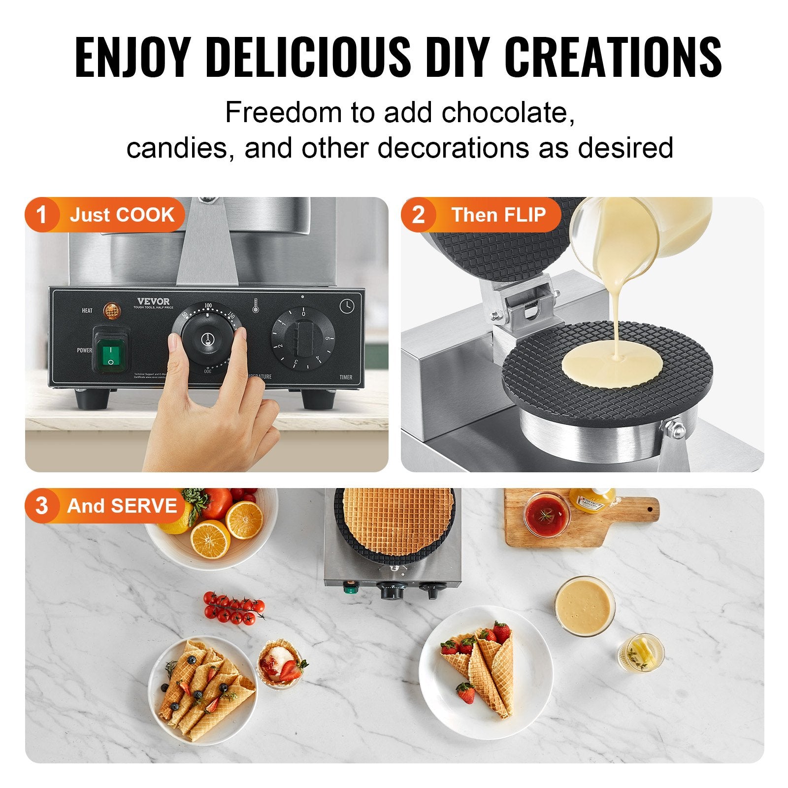 VEVOR Electric Ice Cream Cone Maker, Commercial 1230W Waffle Cone Machine, Non-Stick Stainless Steel Egg Roll Mold, with Temperature and Time Control, Handle, for Restaurant Bakery Snack Bar Family