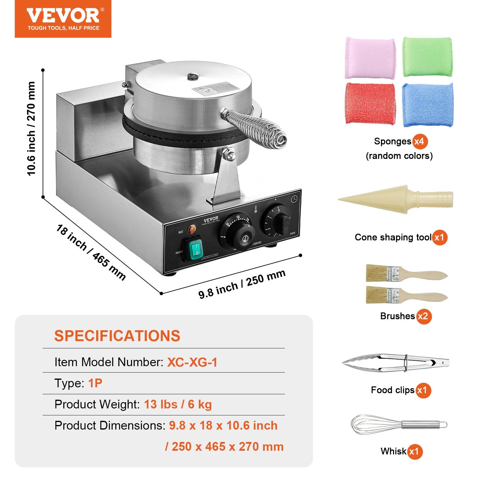 VEVOR Electric Ice Cream Cone Maker, Commercial 1230W Waffle Cone Machine, Non-Stick Stainless Steel Egg Roll Mold, with Temperature and Time Control, Handle, for Restaurant Bakery Snack Bar Family