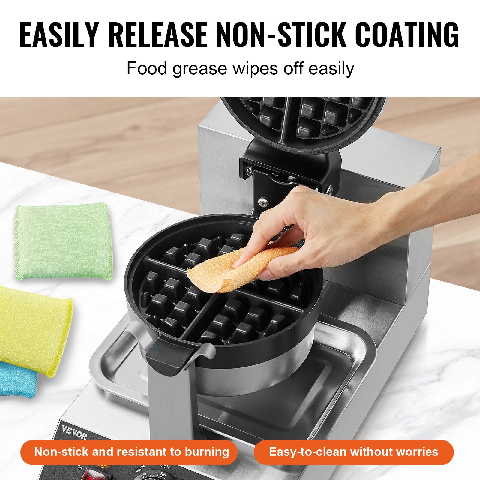 VEVOR Commercial Waffle Maker, 1300W Round Waffle Baker Machine, Non-Stick Stainless Steel Belgian Waffle Iron, Temperature and Time Control, 180° Rotatable, for Restaurant Bakery Snack Bar Family