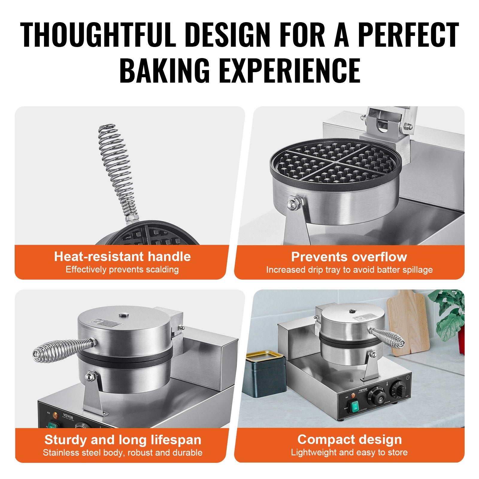 VEVOR Commercial Waffle Maker, 1230W Round Waffle Baker Machine, Non-Stick Stainless Steel Belgian Waffle Iron with Temperature and Time Control, Handle, for Restaurant Bakery Snack Bar Family