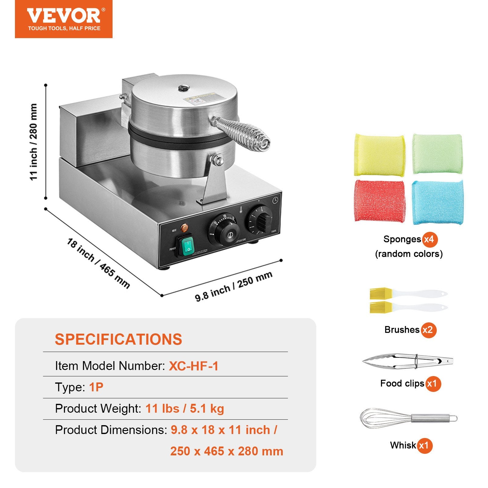 VEVOR Commercial Waffle Maker, 1230W Round Waffle Baker Machine, Non-Stick Stainless Steel Belgian Waffle Iron with Temperature and Time Control, Handle, for Restaurant Bakery Snack Bar Family