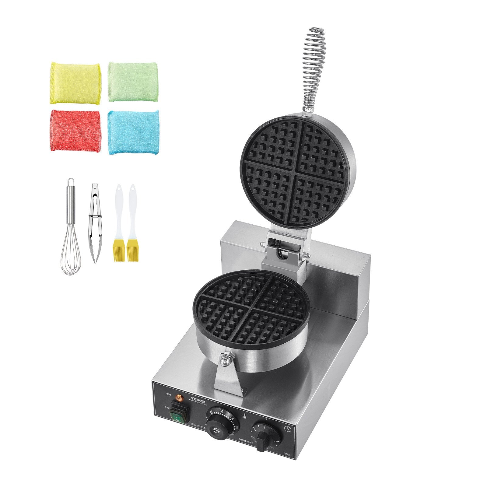 VEVOR Commercial Waffle Maker, 1230W Round Waffle Baker Machine, Non-Stick Stainless Steel Belgian Waffle Iron with Temperature and Time Control, Handle, for Restaurant Bakery Snack Bar Family