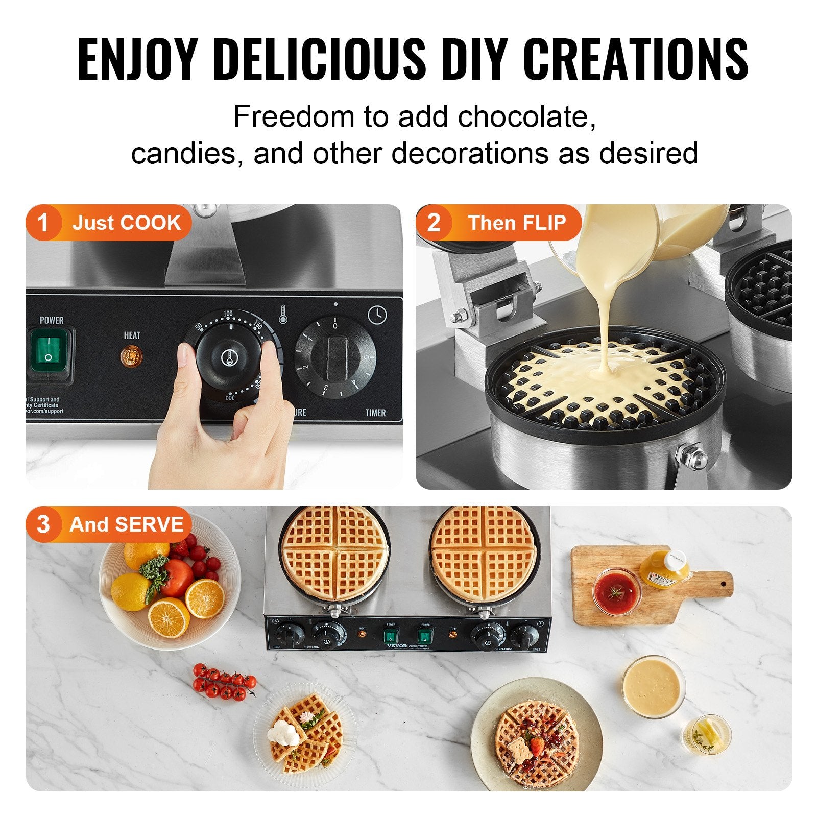 VEVOR Commercial Waffle Maker, Dual-Head Round Waffle Baker Machine, 2460W Non-Stick Stainless Steel Belgian Waffle Iron with Temp and Time Control, Handle, for Restaurant Bakery Snack Bar Family
