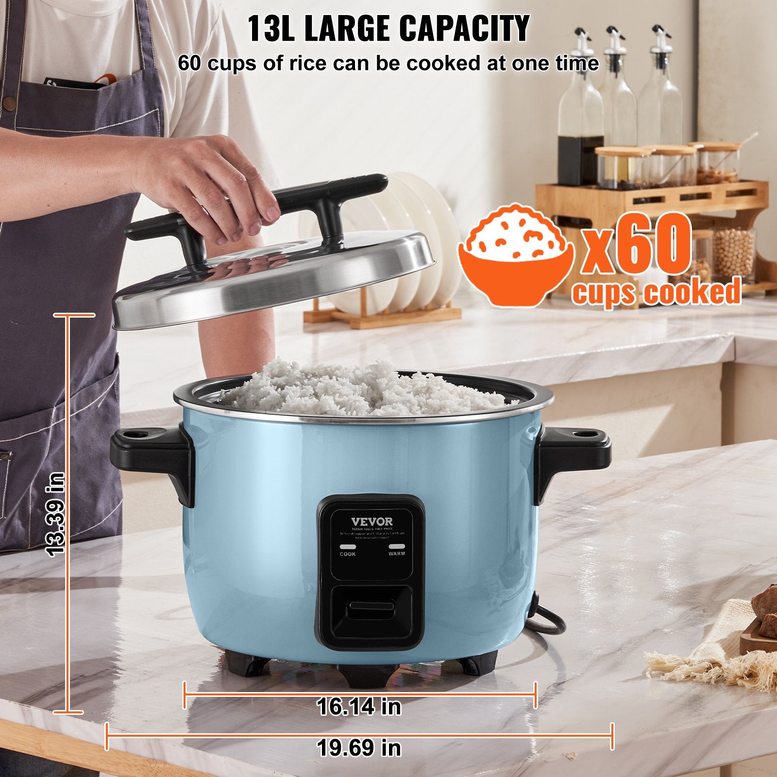VEVOR Commercial Rice Cooker, 60-Cup Rice Cooker, 13 Liter Large Rice Cooker and Warmer with Nonstick Inner Pot, Fast Cooking and 24-Hour Keep Warm, with Rice Cup and Paddle, for Restaurant