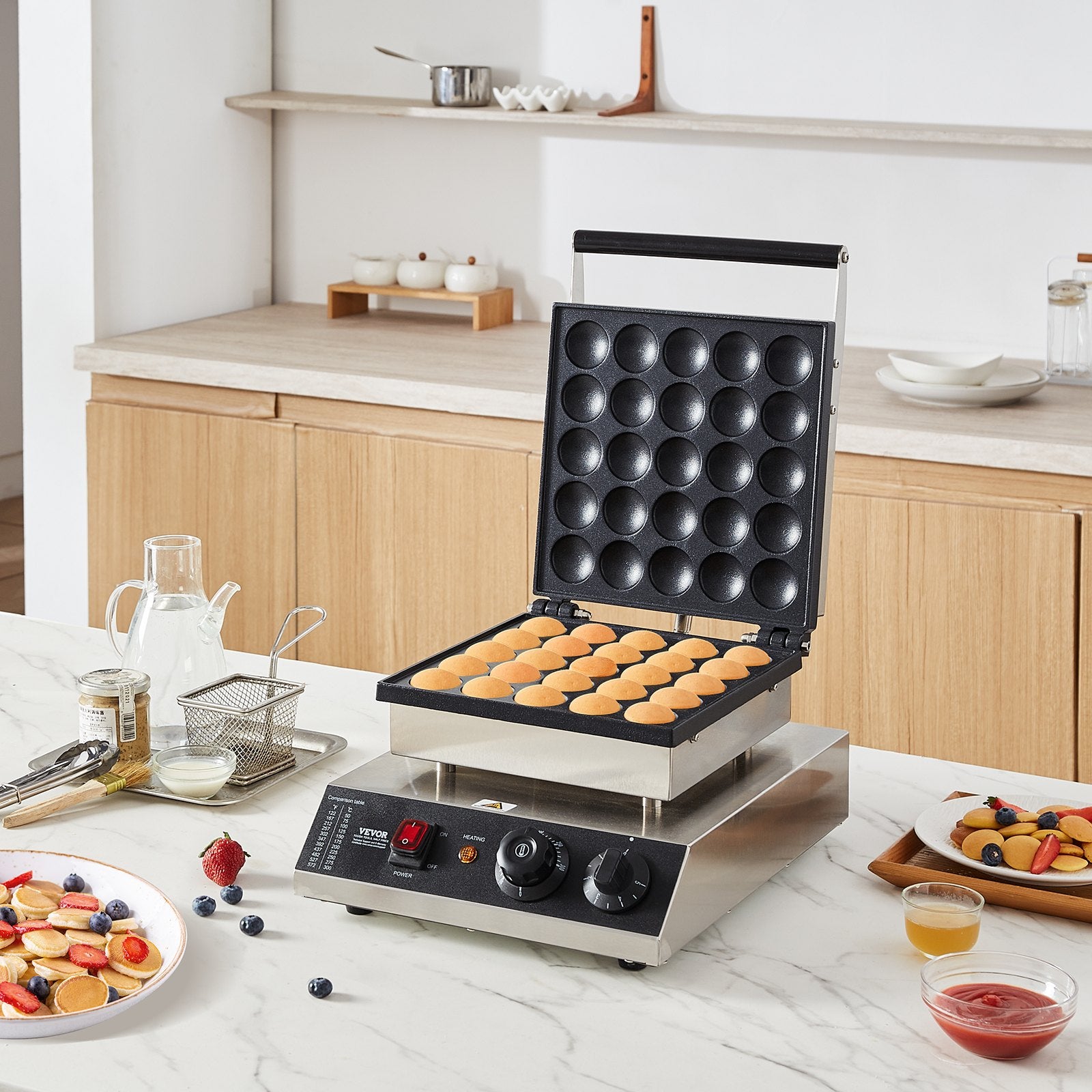 VEVOR Mini Dutch Pancake Maker, 25PCS 43mm Diameter Dorayaki Baker Machine, 1700W Commercial Electric Poffertjes Grill, Non-stick Stainless Steel, Temp & Time Control, for Home Kitchen Restaurant