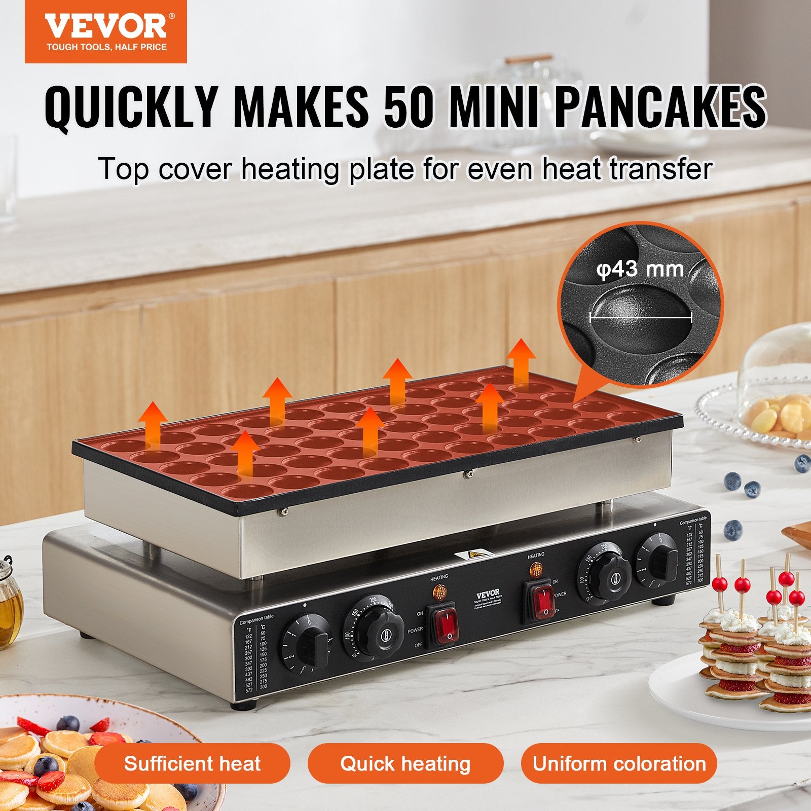 VEVOR Mini Dutch Pancake Maker, 50PCS 43mm Diameter Dorayaki Baker Machine, 1700W Commercial Electric Poffertjes Grill, Non-stick Stainless Steel, Dual Temp & Time Control, for Home Kitchen Restaurant