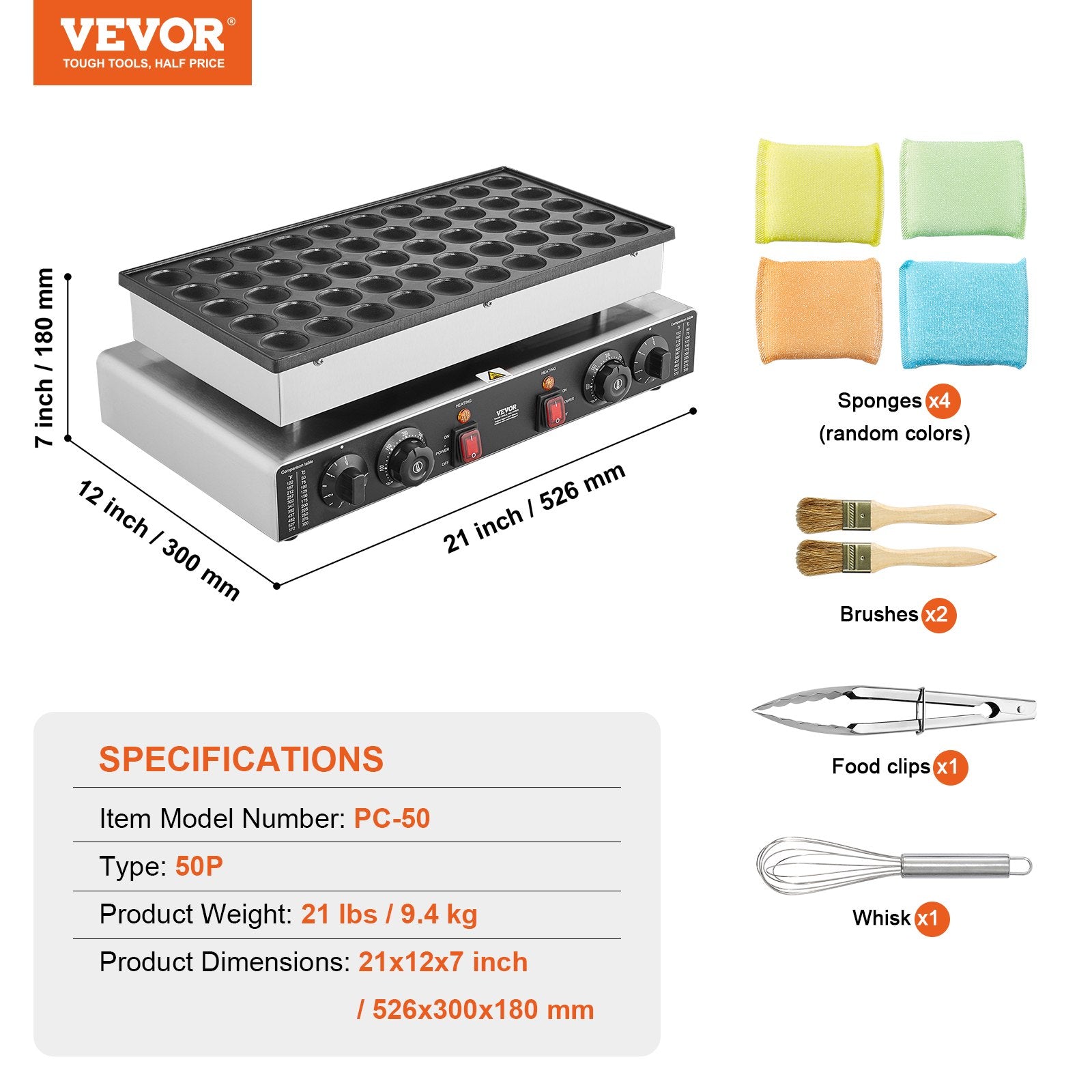 VEVOR Mini Dutch Pancake Maker, 50PCS 43mm Diameter Dorayaki Baker Machine, 1700W Commercial Electric Poffertjes Grill, Non-stick Stainless Steel, Dual Temp & Time Control, for Home Kitchen Restaurant