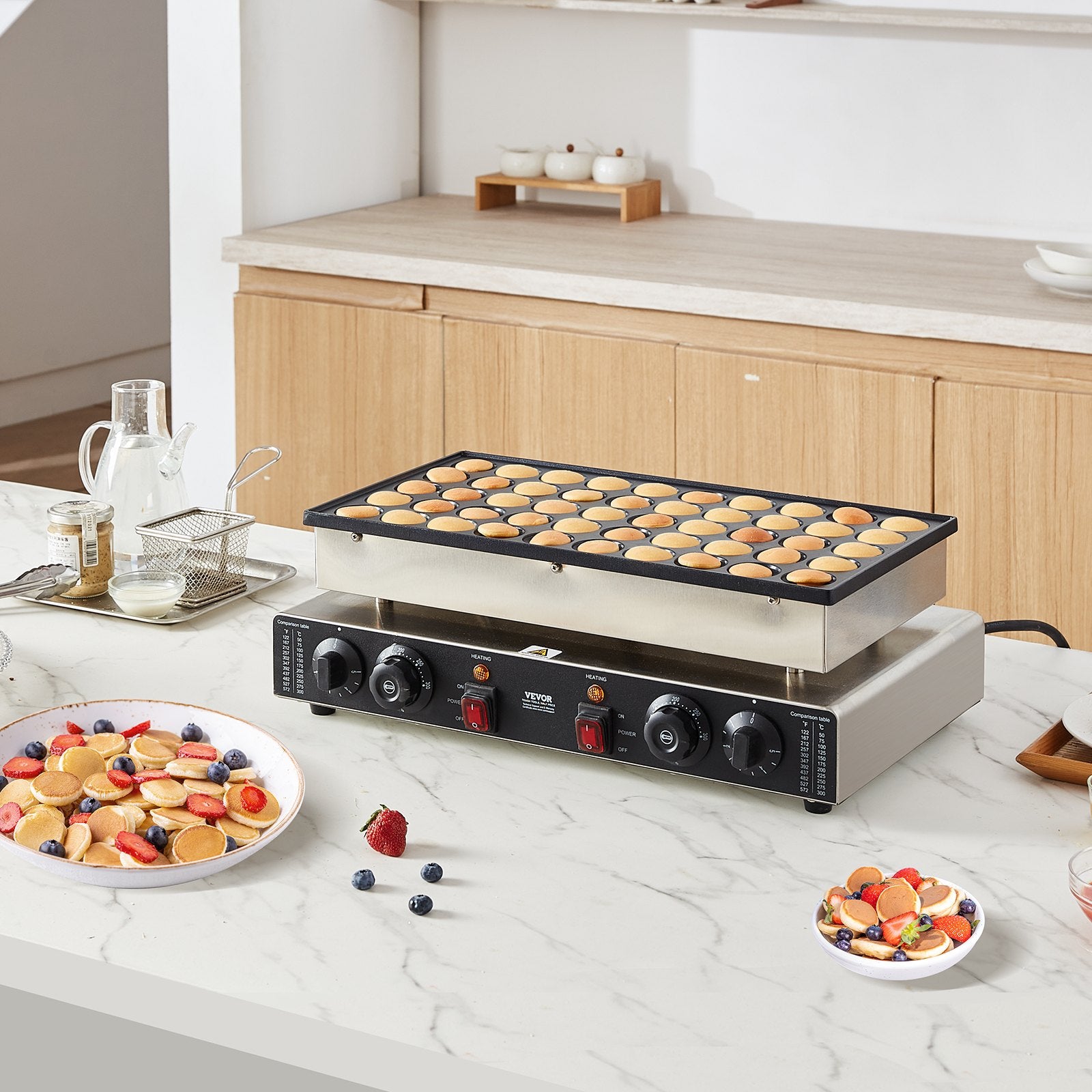VEVOR Mini Dutch Pancake Maker, 50PCS 43mm Diameter Dorayaki Baker Machine, 1700W Commercial Electric Poffertjes Grill, Non-stick Stainless Steel, Dual Temp & Time Control, for Home Kitchen Restaurant