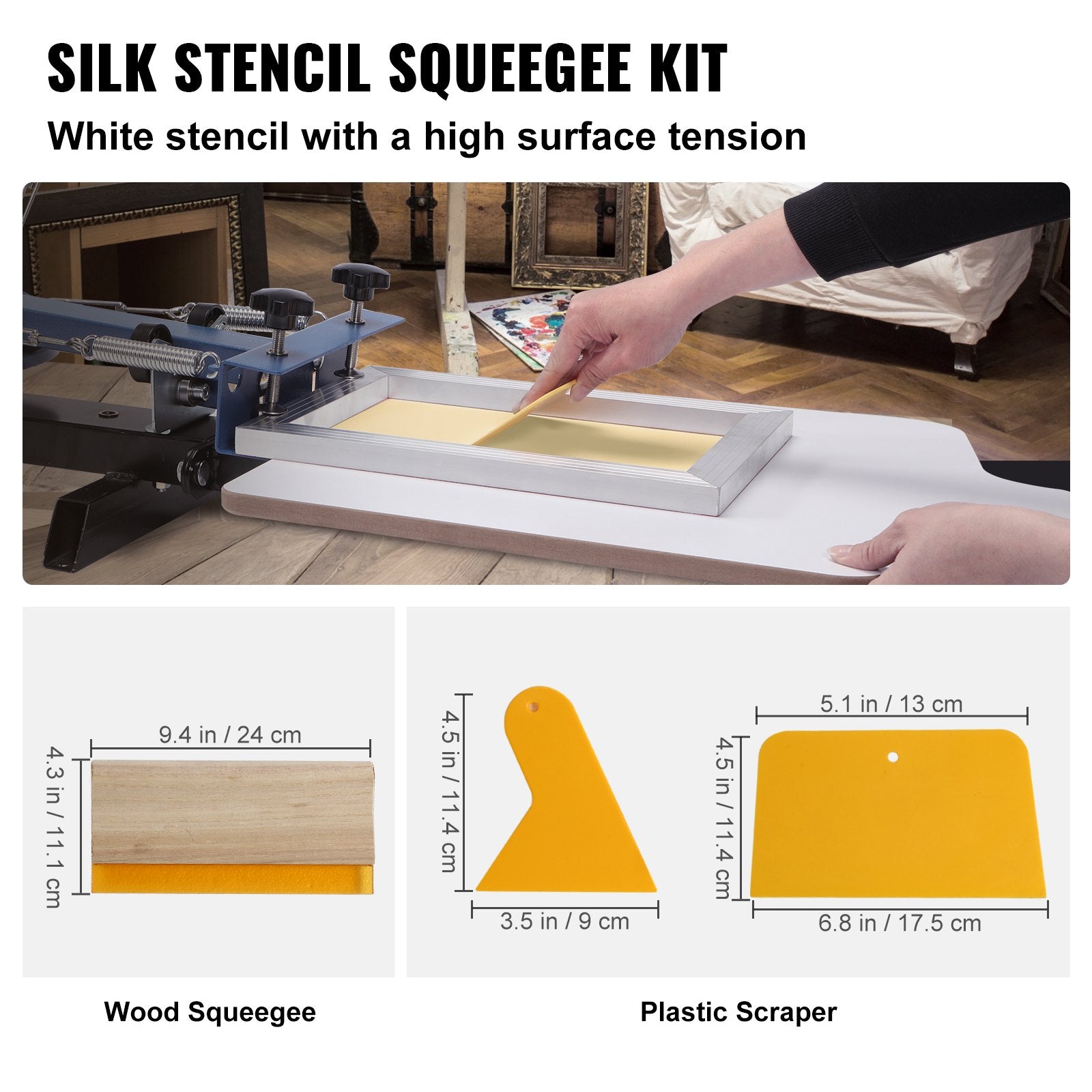 VEVOR Screen Printing Kit, 2 Pieces Aluminum Silk Screen Printing Frames20.3 x 25.4/25.4 x 35.6cm 110 Count Mesh, 2 Tapes and Screen Printing Squeegees and Transparency Films for T-shirts DIY