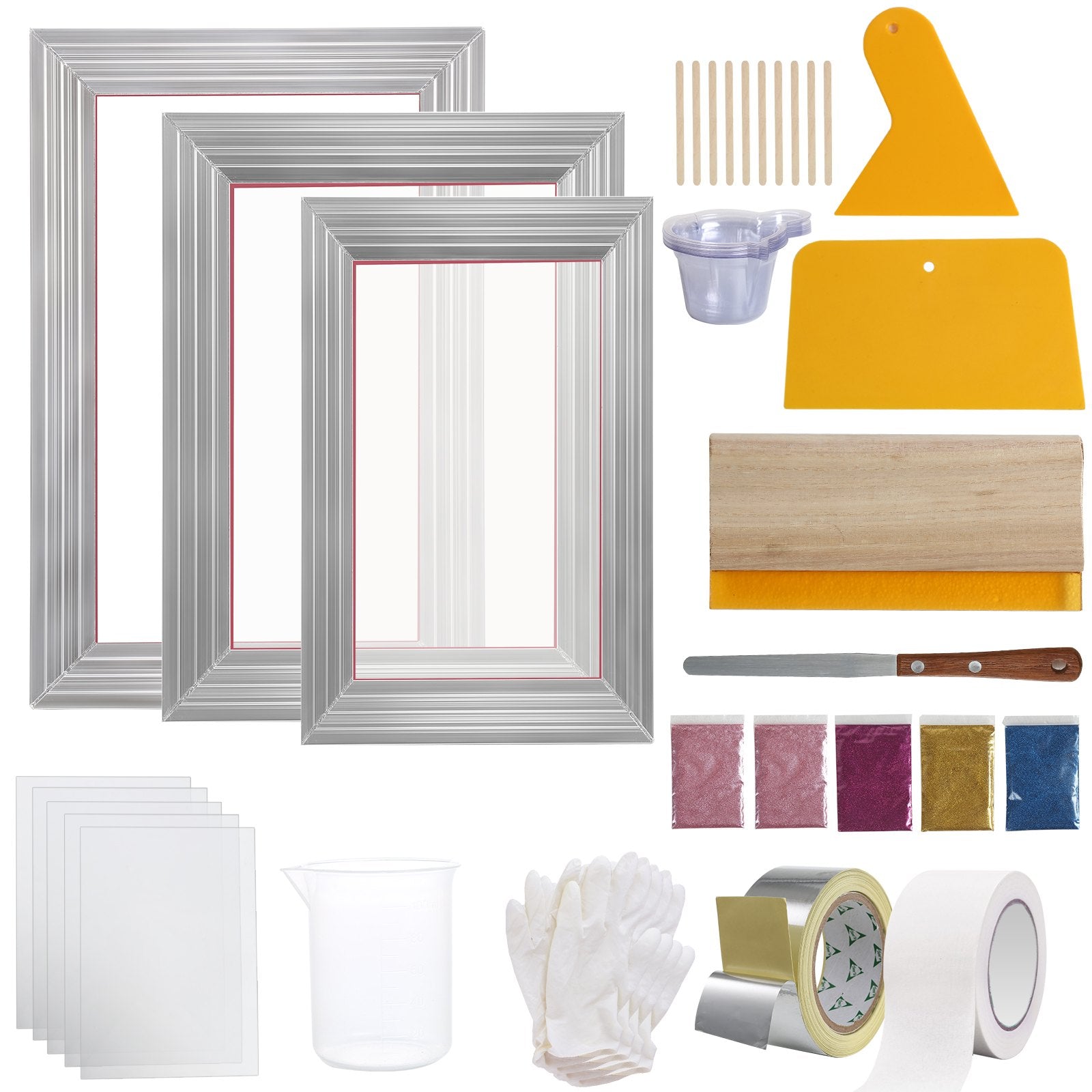 VEVOR Screen Printing Kit, 3 Pieces Aluminum Silk Screen Printing Frames 25x36/20x30/15x25 cm 110 Count Mesh, 5 Glitters and Screen Printing Squeegees and Transparency Films for T-shirts DIY