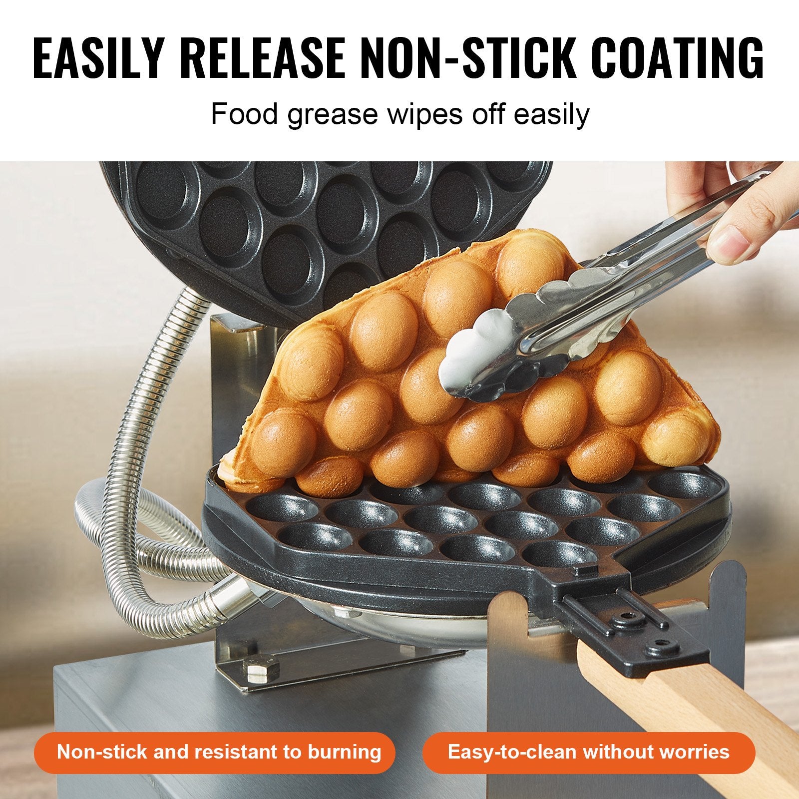 VEVOR Commercial Bubble Waffle Maker, 1400W Egg Pancake Baker Machine, Non-Stick Stainless Steel Egg Bubble Puff, 180° Rotatable, Temp and Time Control, Wooden Handle, for Restaurant Bakery Snack Bar