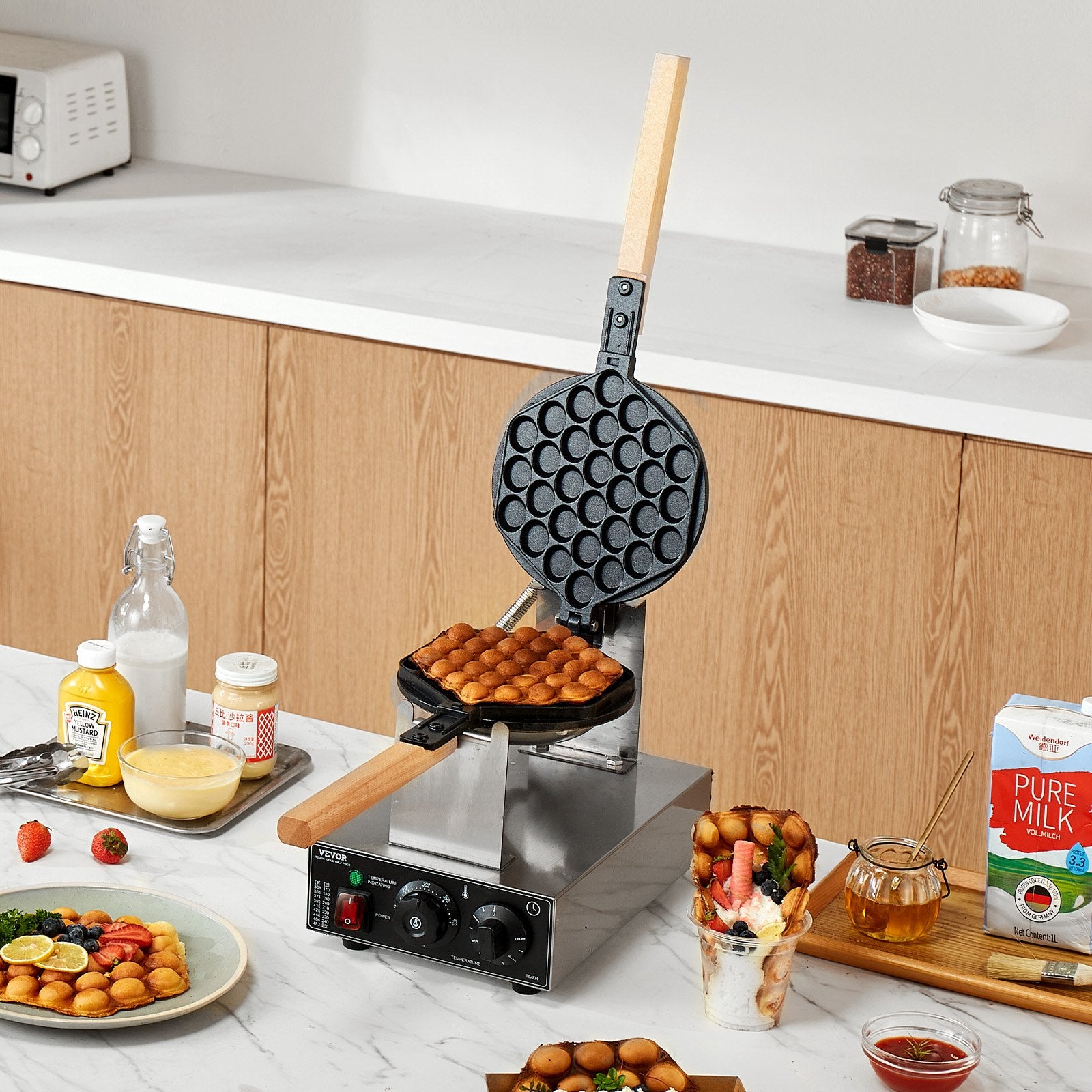 VEVOR Commercial Bubble Waffle Maker, 1400W Egg Pancake Baker Machine, Non-Stick Stainless Steel Egg Bubble Puff, 180° Rotatable, Temp and Time Control, Wooden Handle, for Restaurant Bakery Snack Bar