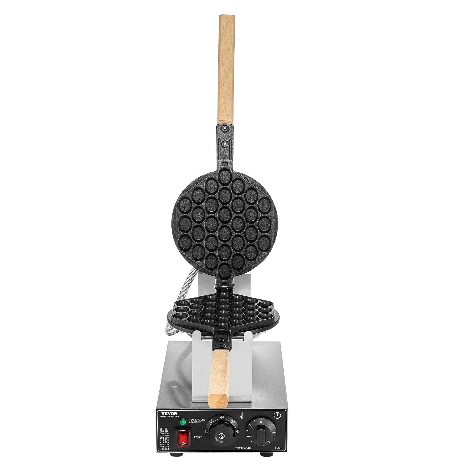 VEVOR Commercial Bubble Waffle Maker, 1400W Egg Pancake Baker Machine, Non-Stick Stainless Steel Egg Bubble Puff, 180° Rotatable, Temp and Time Control, Wooden Handle, for Restaurant Bakery Snack Bar