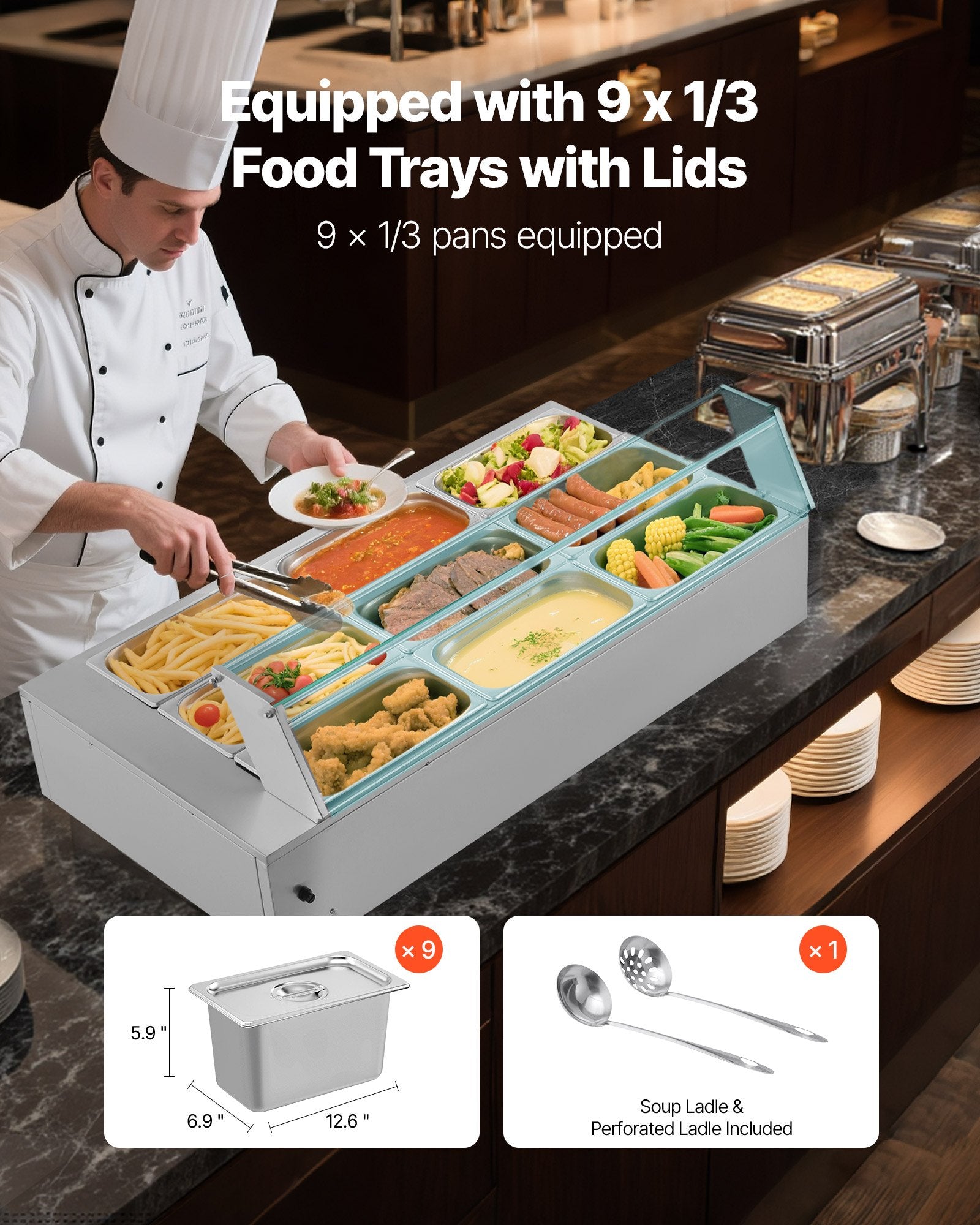 VEVOR Commercial Food Warmer, 1500W Electric Stainless Steel Steam Food Warmer with Glass Cover, 9-Pan Countertop Buffet Bain Marie with Soup & Perforated Ladles, for Catering, Restaurant & Party