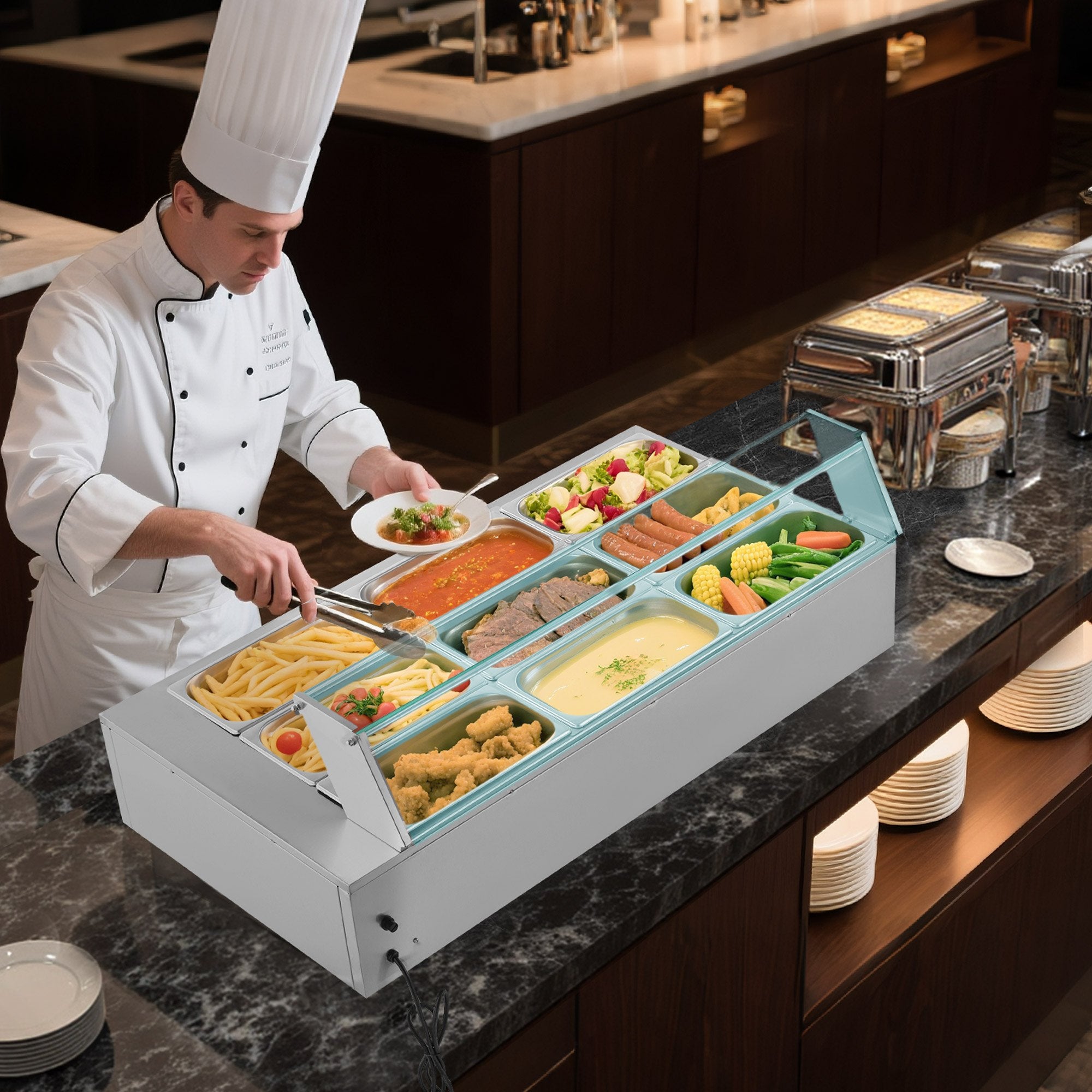 VEVOR Commercial Food Warmer, 1500W Electric Stainless Steel Steam Food Warmer with Glass Cover, 9-Pan Countertop Buffet Bain Marie with Soup & Perforated Ladles, for Catering, Restaurant & Party