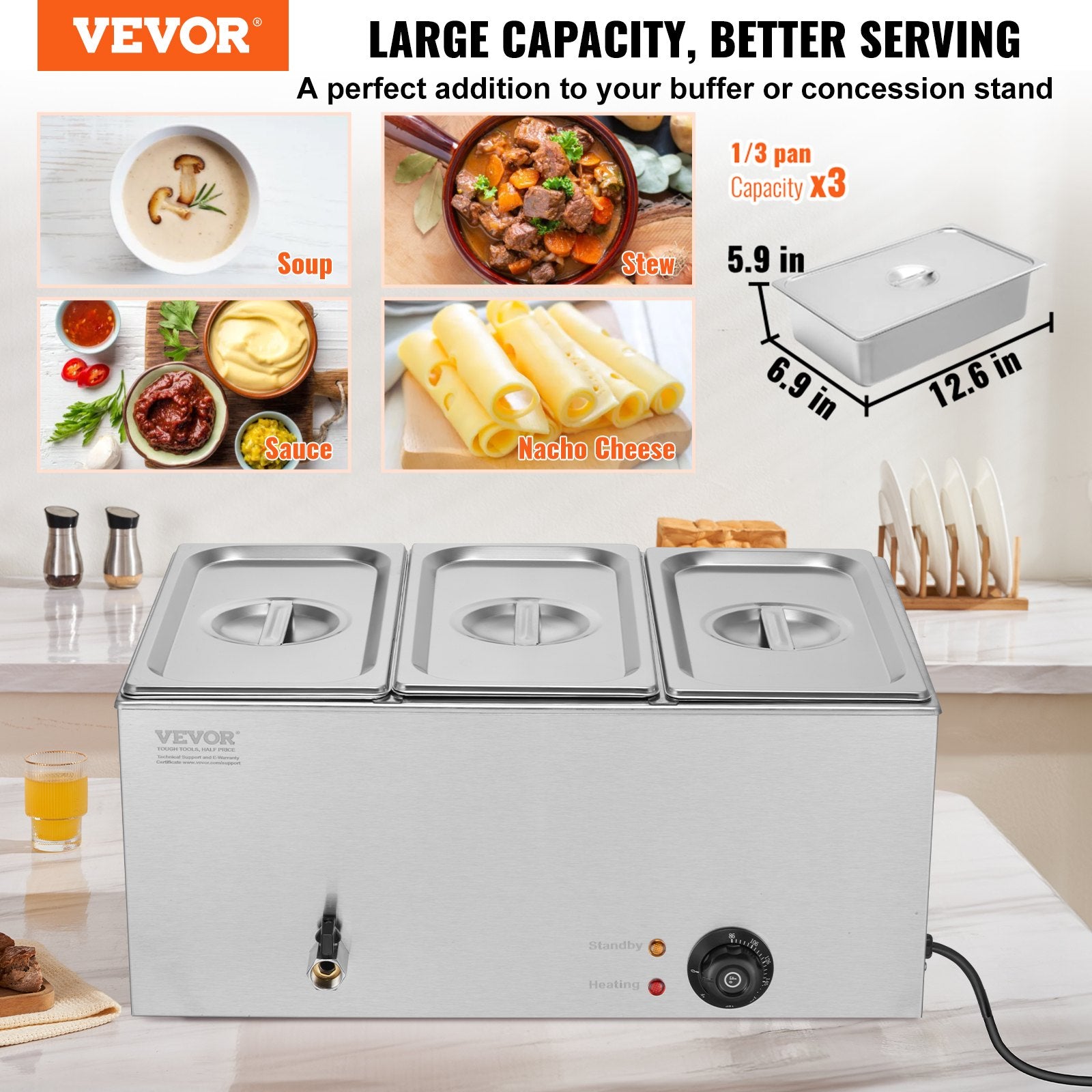 VEVOR 3-Pan Commercial Food Warmer, 16.5L Electric Steam Table, 1200W Professional Countertop Stainless Steel Buffet Bain Marie with 30 - 85℃ Temp Control for Catering and Restaurants, Silver