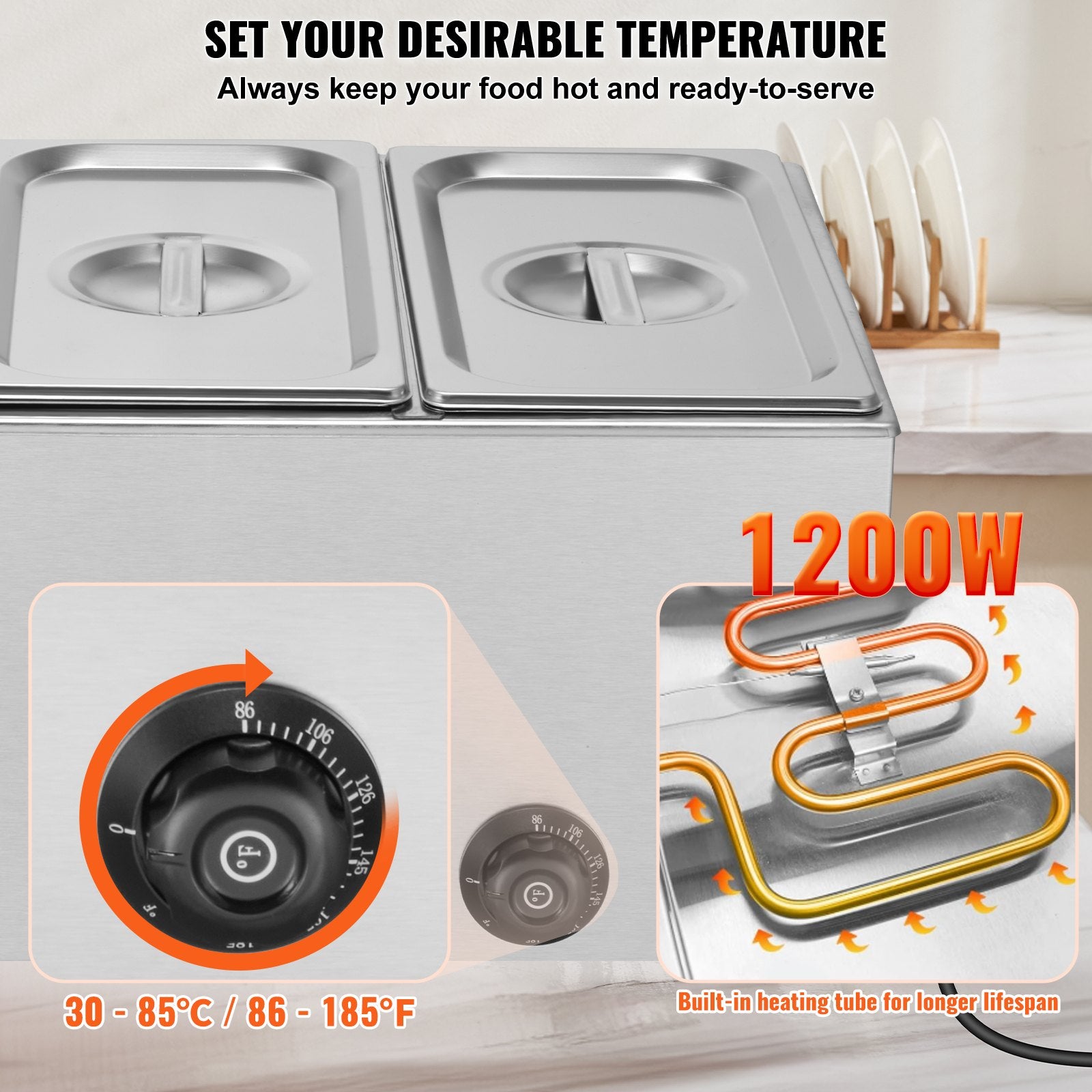 VEVOR 3-Pan Commercial Food Warmer, 16.5L Electric Steam Table, 1200W Professional Countertop Stainless Steel Buffet Bain Marie with 30 - 85℃ Temp Control for Catering and Restaurants, Silver