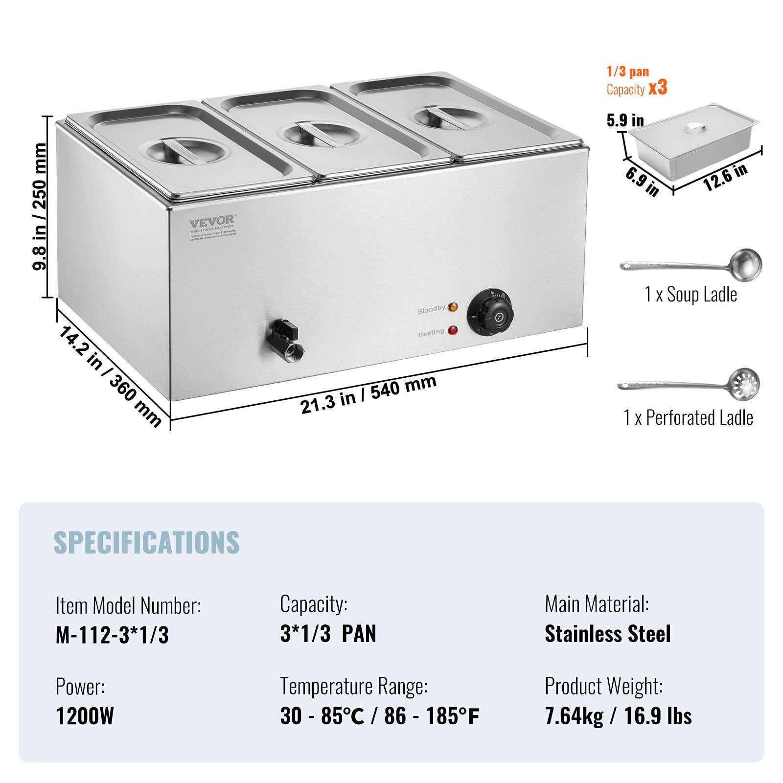 VEVOR 3-Pan Commercial Food Warmer, 16.5L Electric Steam Table, 1200W Professional Countertop Stainless Steel Buffet Bain Marie with 30 - 85℃ Temp Control for Catering and Restaurants, Silver