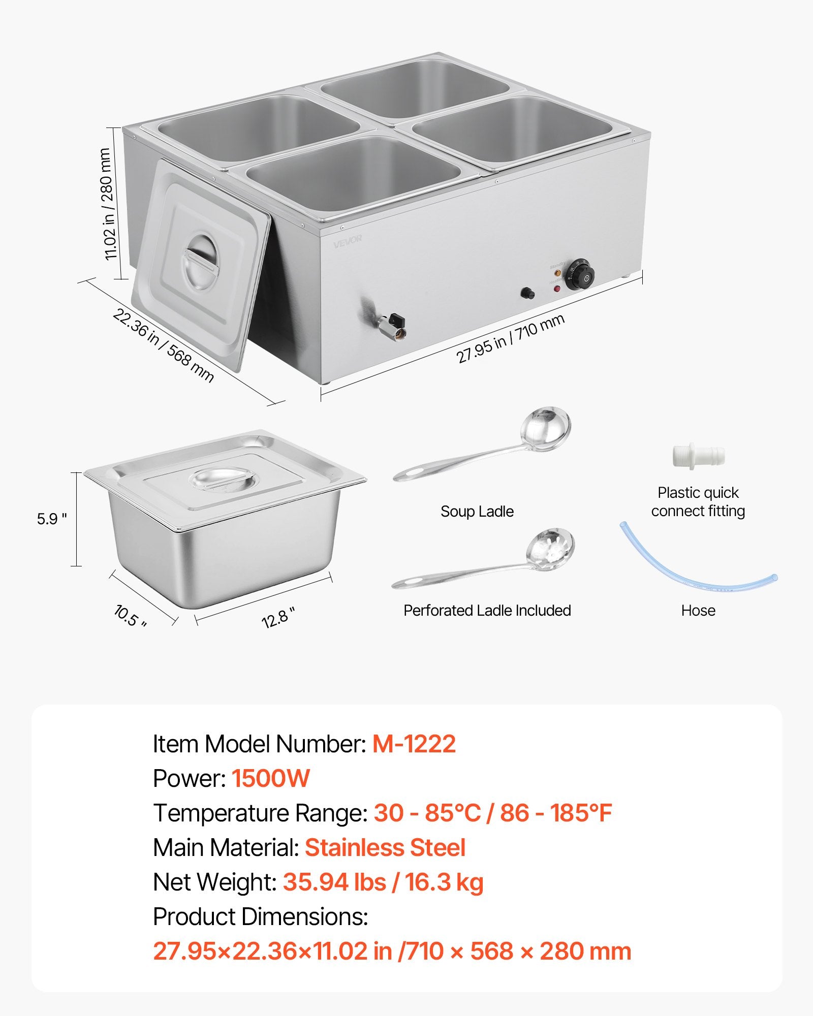 VEVOR Commercial Food Warmer, 1500W Electric Stainless Steel Steam Food Warmer with Lid, 4-Pan Fast Heating Countertop Buffet Bain Marie with Soup & Perforated Ladles, for Catering, Restaurant, Party