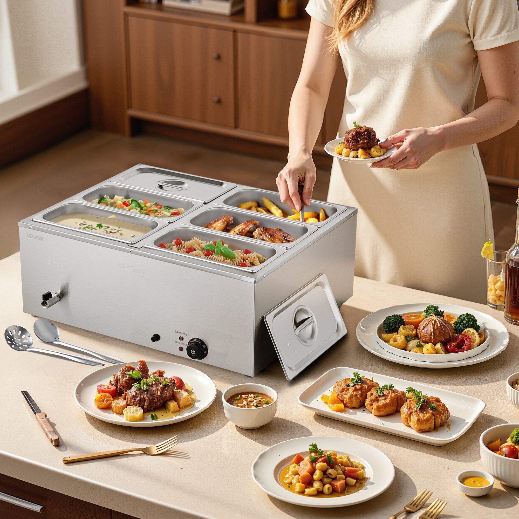 VEVOR Commercial Food Warmer, 1500W Electric Stainless Steel Steam Food Warmer with Lid, 6-Pan Fast Heating Countertop Buffet Bain Marie with Soup & Perforated Ladles, for Catering, Restaurant, Party