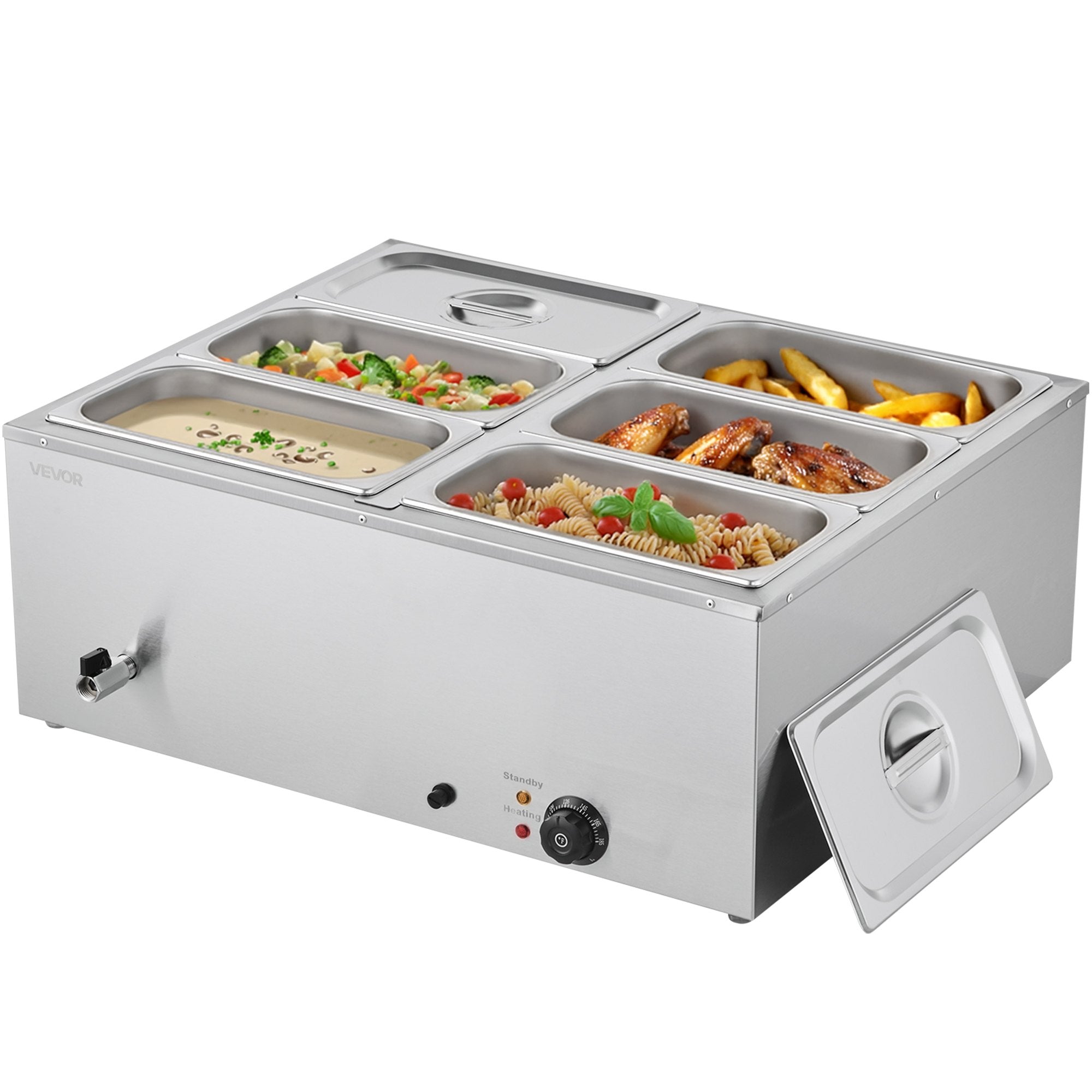 VEVOR Commercial Food Warmer, 1500W Electric Stainless Steel Steam Food Warmer with Lid, 6-Pan Fast Heating Countertop Buffet Bain Marie with Soup & Perforated Ladles, for Catering, Restaurant, Party