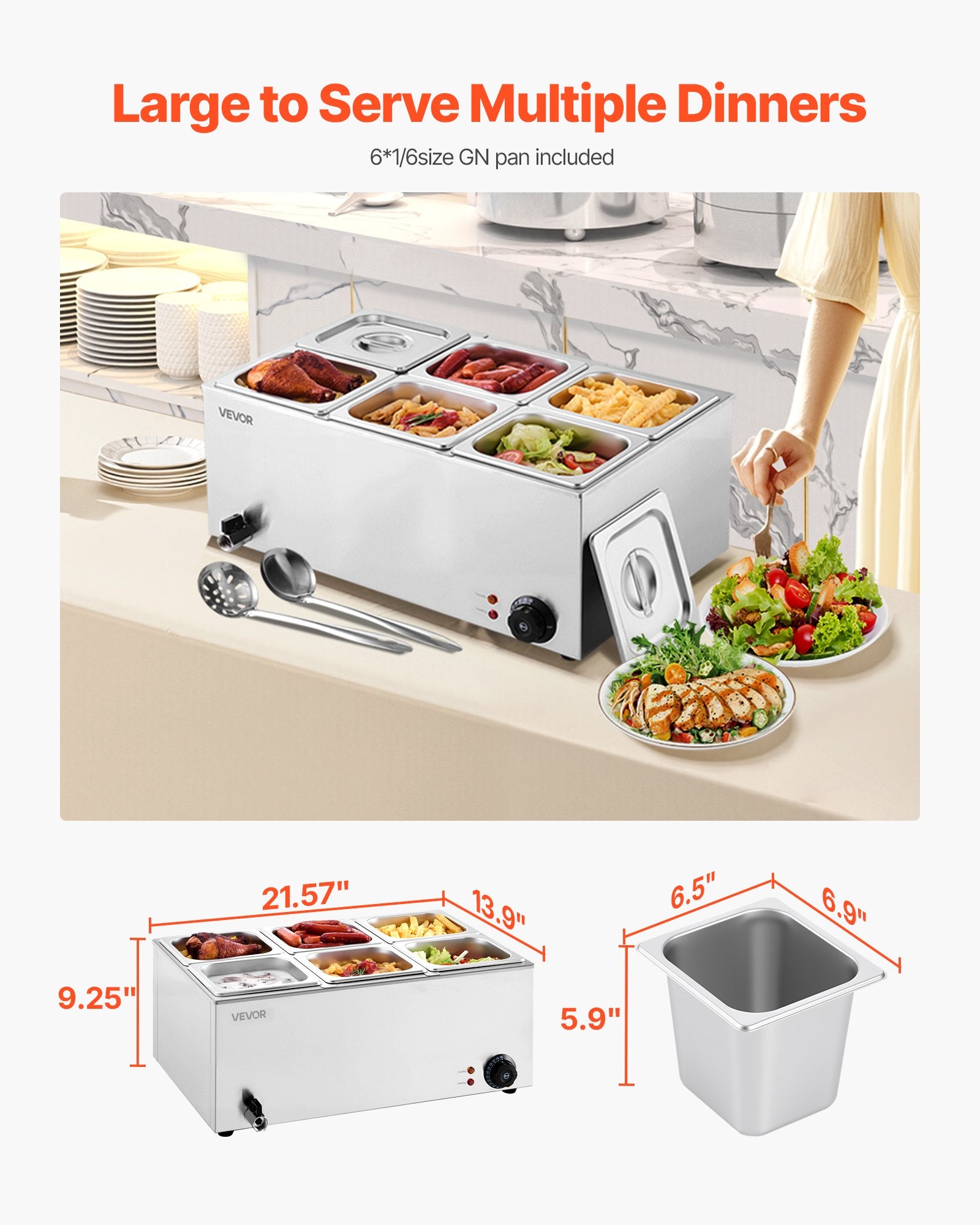VEVOR Commercial Food Warmer, 6-Pan Electric Steam Table, 1200W Professional Countertop Stainless Steel Buffet Bain Marie with 30-85°C Temp Control for Catering, Buffet, Parties, Restaurants