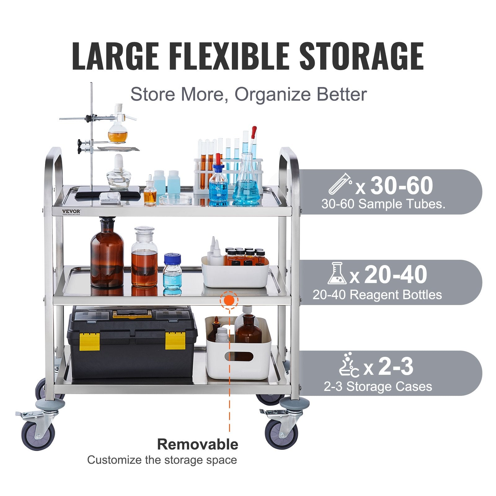 VEVOR Stainless Steel Cart, 3 Layers Lab Utility Cart 181 kg Weight Capacity, Medical Cart with Lockable Universal Wheels, for Lab, Clinic, Kitchen, Salon