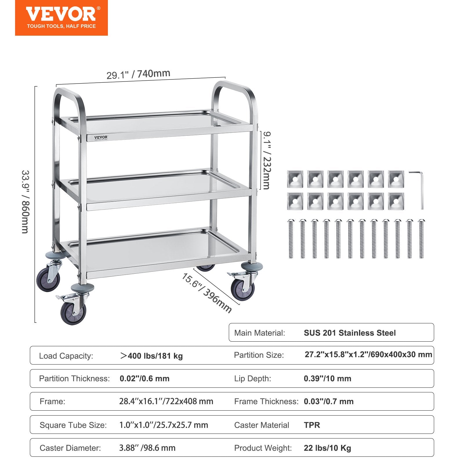 VEVOR Stainless Steel Cart, 3 Layers Lab Utility Cart 181 kg Weight Capacity, Medical Cart with Lockable Universal Wheels, for Lab, Clinic, Kitchen, Salon
