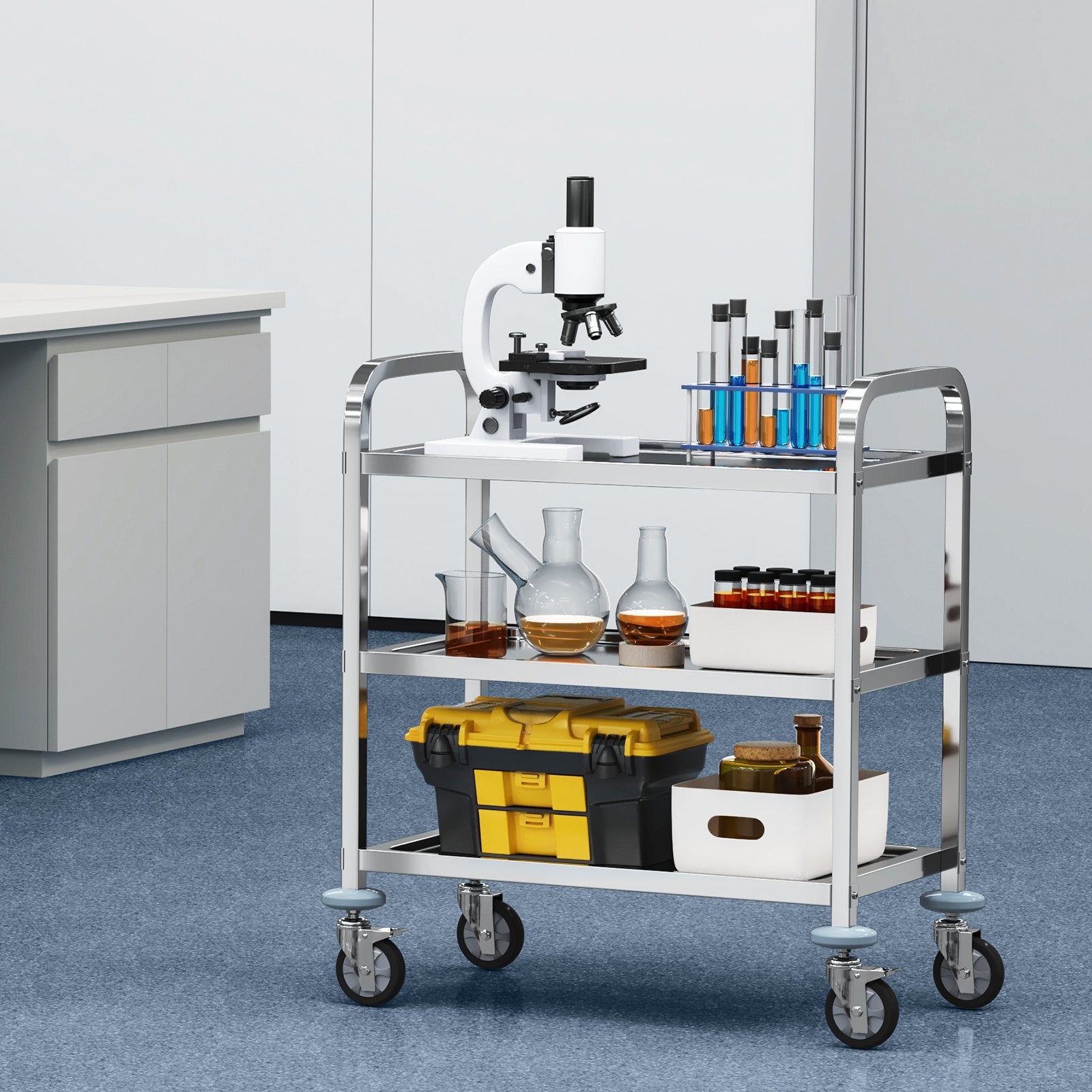 VEVOR Stainless Steel Cart, 3 Layers Lab Utility Cart 181 kg Weight Capacity, Medical Cart with Lockable Universal Wheels, for Lab, Clinic, Kitchen, Salon