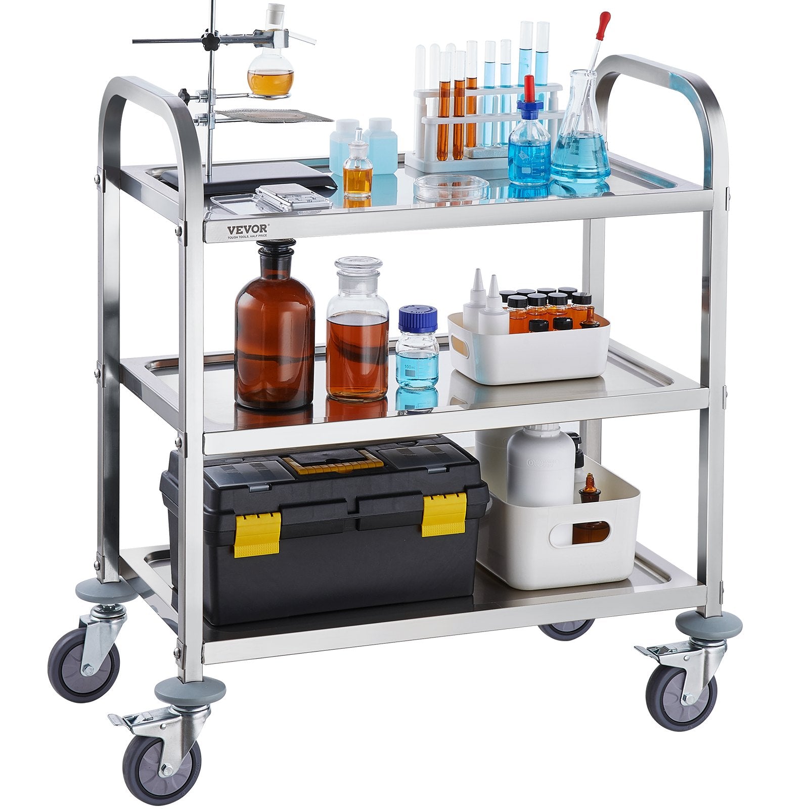 VEVOR Stainless Steel Cart, 3 Layers Lab Utility Cart 181 kg Weight Capacity, Medical Cart with Lockable Universal Wheels, for Lab, Clinic, Kitchen, Salon