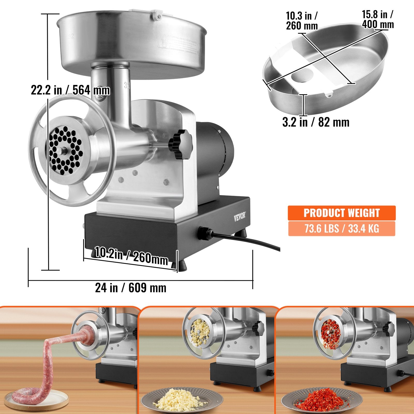 VEVOR Electric Meat Grinder, 9.5 Kg/Min Capacity, Countertop Industrial Meat Mincer w/ Blade, Grinding Plate, Sausage Maker & Kubbe Kit, Carbon Steel Commercial Meat Grinder for Kitchen Restaurant
