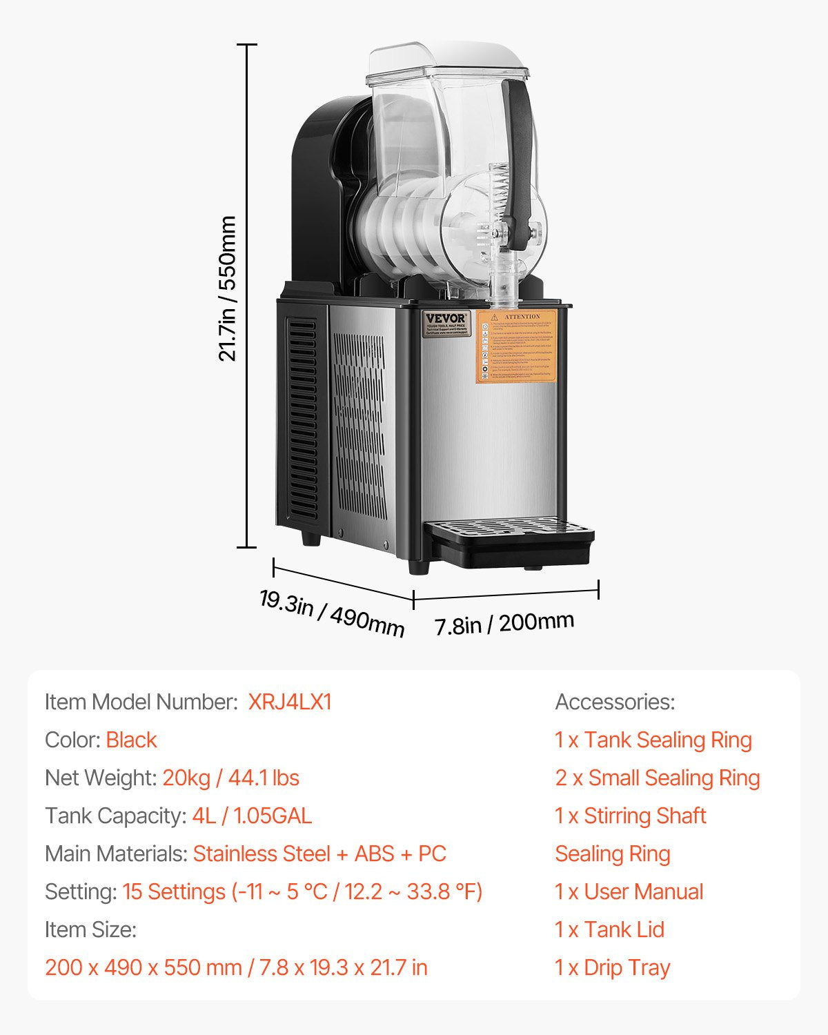 VEVOR Commercial Slushy Machine, 4L Single Tank Frozen Drink Machine, 16 Cups Stainless Steel Margarita Smoothie Frozen Drink Maker, Slushie Maker for Home Party Restaurants Cafe Bars