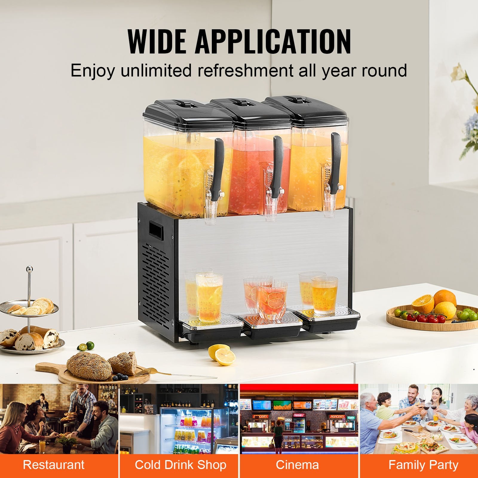 VEVOR Commercial Beverage Dispenser, 3 Tanks 12 L Per Tank Juice Dispenser, 370W Stainless Steel Ice Tea Drink Machine with 7℃-12℃ Cooling Temperature, for Cold Drink Restaurant Bar Party