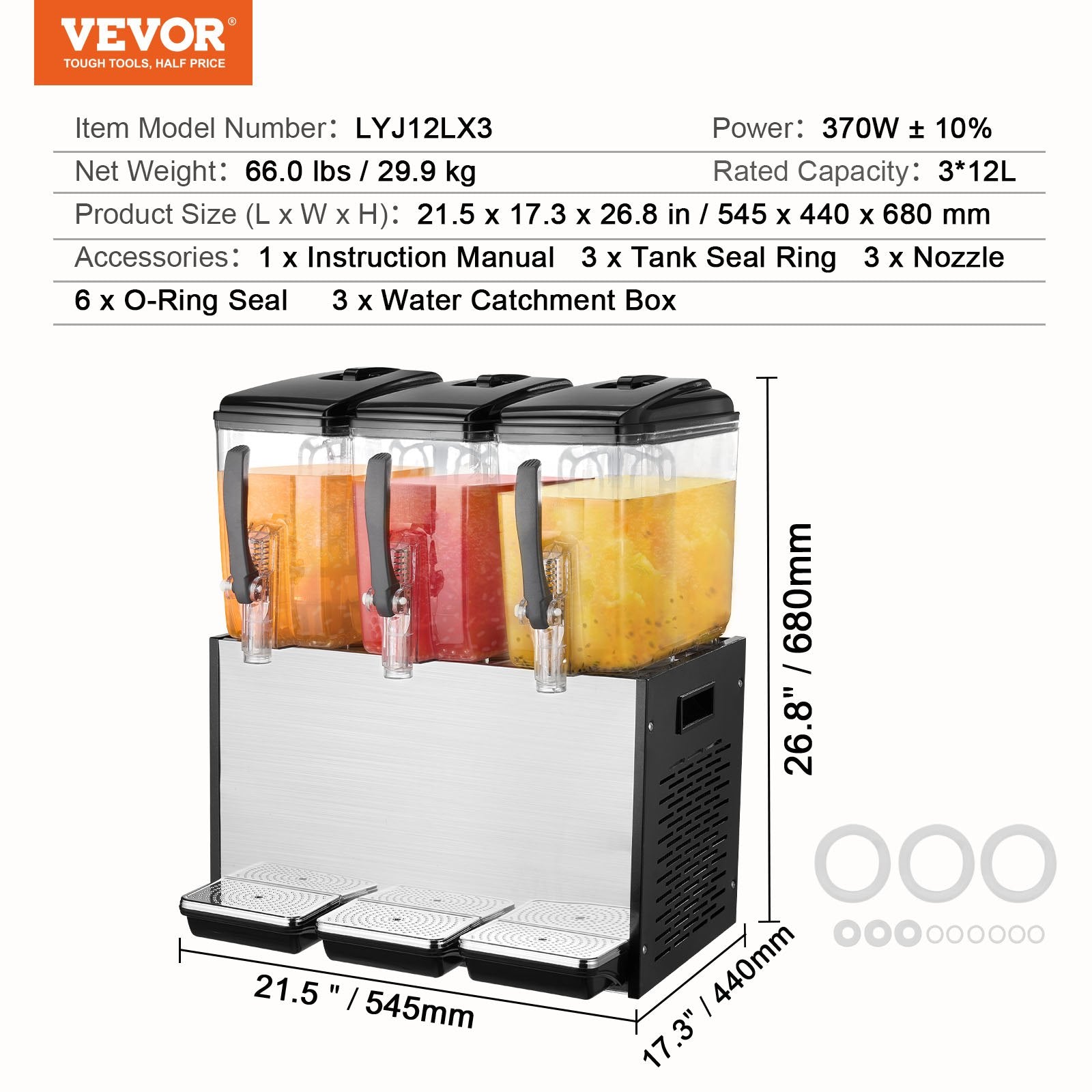 VEVOR Commercial Beverage Dispenser, 3 Tanks 12 L Per Tank Juice Dispenser, 370W Stainless Steel Ice Tea Drink Machine with 7℃-12℃ Cooling Temperature, for Cold Drink Restaurant Bar Party