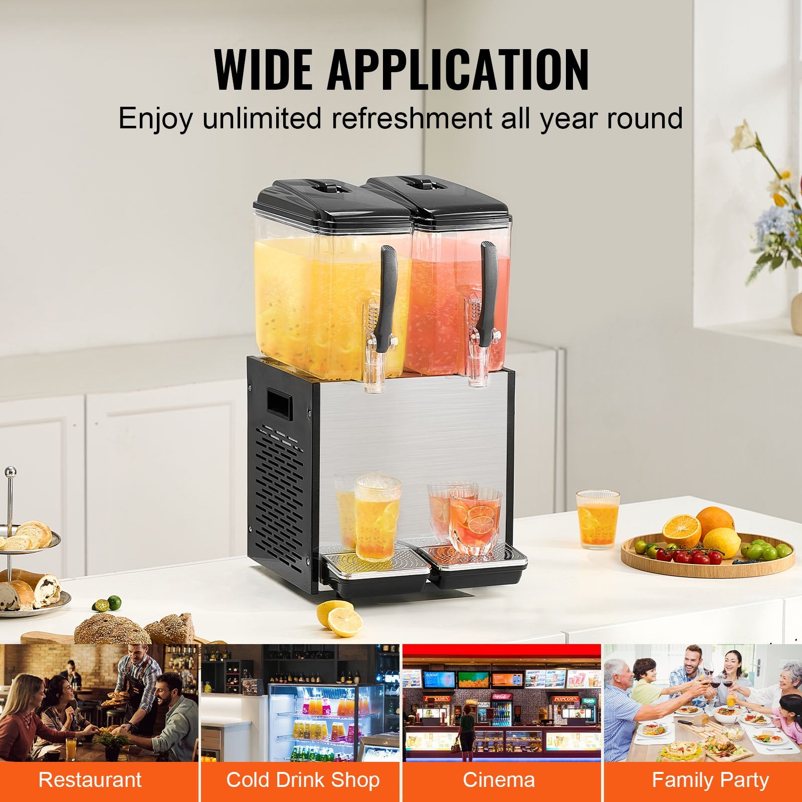 VEVOR Commercial Beverage Dispenser, 2 Tanks 12 L Per Tank Juice Dispenser, 286W Stainless Steel Ice Tea Drink Machine with 7℃-12℃ Cooling Temperature, for Cold Drink Restaurant Bar Party