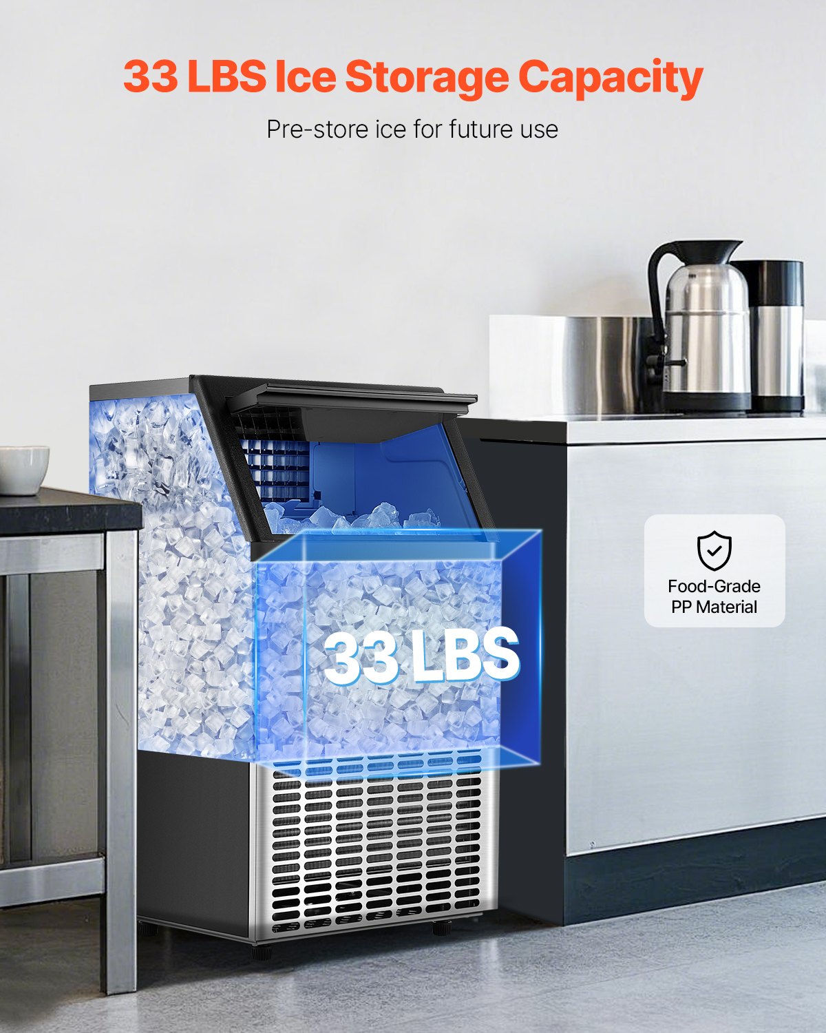 VEVOR Commercial Ice Maker Machine, 100lbs/24H Ice Maker Machine with 33lbs Storage Capacity, 45 Ice Cubes in 15 Minutes, LED Digital Display Freestanding Self-Cleaning for Bar Office Restaurant