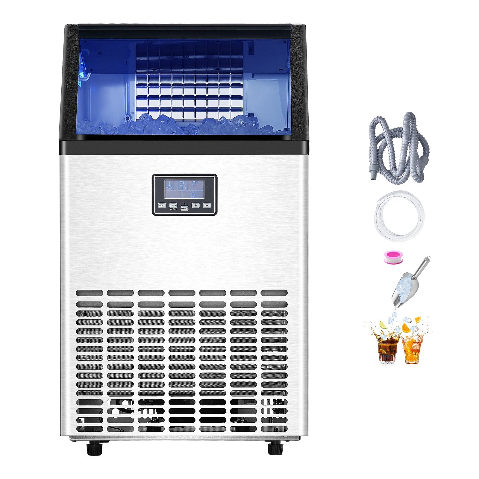VEVOR Commercial Ice Maker Machine, 100lbs/24H Ice Maker Machine with 33lbs Storage Capacity, 45 Ice Cubes in 15 Minutes, LED Digital Display Freestanding Self-Cleaning for Bar Office Restaurant