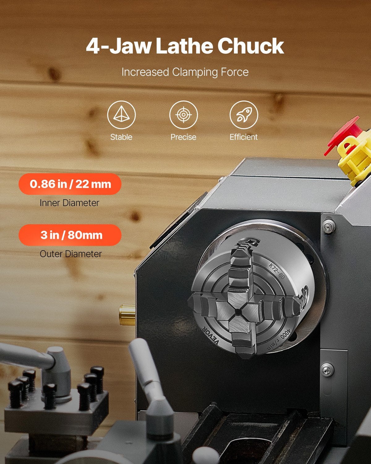 VEVOR 4-Jaw Lathe Chuck, 3 Inch 80 mm , 4-Jaw Chuck, 0.1-3.15 in 5-80 mm Clamping Range with T-key Fixing Screws Reversible Jaws, HT300 Material, Internal External for Wood Metal Lathe