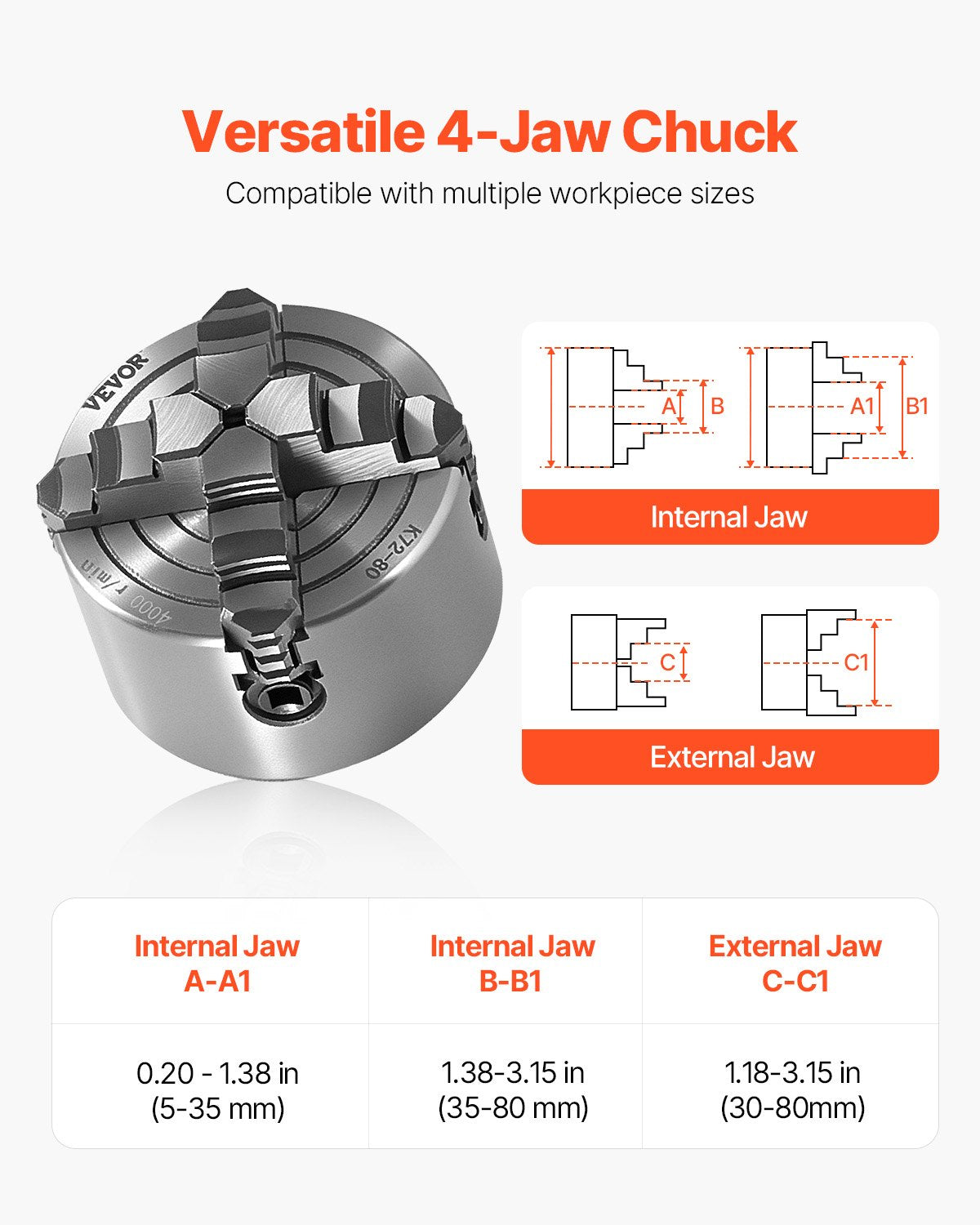 VEVOR 4-Jaw Lathe Chuck, 3 Inch 80 mm , 4-Jaw Chuck, 0.1-3.15 in 5-80 mm Clamping Range with T-key Fixing Screws Reversible Jaws, HT300 Material, Internal External for Wood Metal Lathe