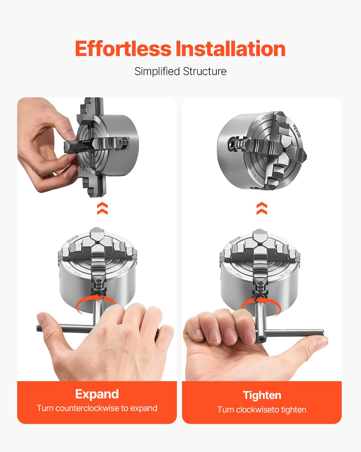 VEVOR 4-Jaw Lathe Chuck, 3 Inch 80 mm , 4-Jaw Chuck, 0.1-3.15 in 5-80 mm Clamping Range with T-key Fixing Screws Reversible Jaws, HT300 Material, Internal External for Wood Metal Lathe