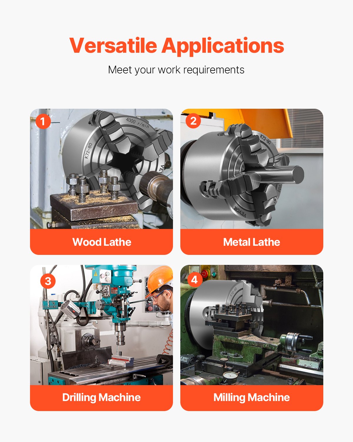 VEVOR 4-Jaw Lathe Chuck, 3 Inch 80 mm , 4-Jaw Chuck, 0.1-3.15 in 5-80 mm Clamping Range with T-key Fixing Screws Reversible Jaws, HT300 Material, Internal External for Wood Metal Lathe
