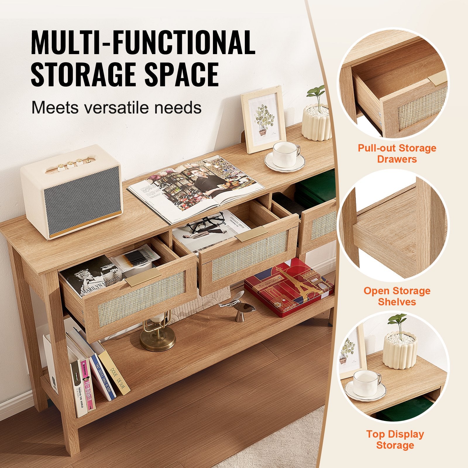 VEVOR Rattan Console Table with 3 Storage Drawers, Rattan Entryway Table with Natural Rattan Sliding Door, Console Sofa Table for Living Room, Study, Entryway Or TV Wall, Natural