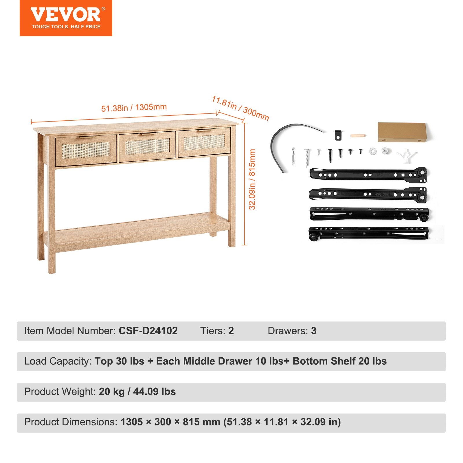 VEVOR Rattan Console Table with 3 Storage Drawers, Rattan Entryway Table with Natural Rattan Sliding Door, Console Sofa Table for Living Room, Study, Entryway Or TV Wall, Natural