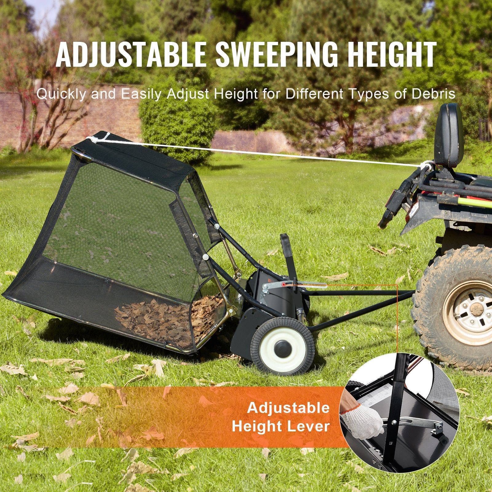 VEVOR 106.6 cm Lawn Sweeper Tow Behind, 12 cu.ft. Large Pull Behind Grass Sweeper, Heavy Duty Leaf & Grass Collector with Dumping Rope Design, Adjustable Sweeping Height for Picking Up Debris & Grass