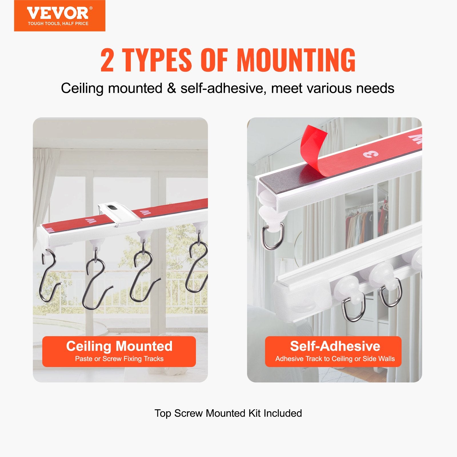 VEVOR Ceiling Curtain Track Set, 9.9 FT/3 Meter, Self Adhesive, No Drill Ceiling Track System for Curtains, Room Divider Curtain Track Ceiling Mounted for Living Room with Hooks and Hardware, White
